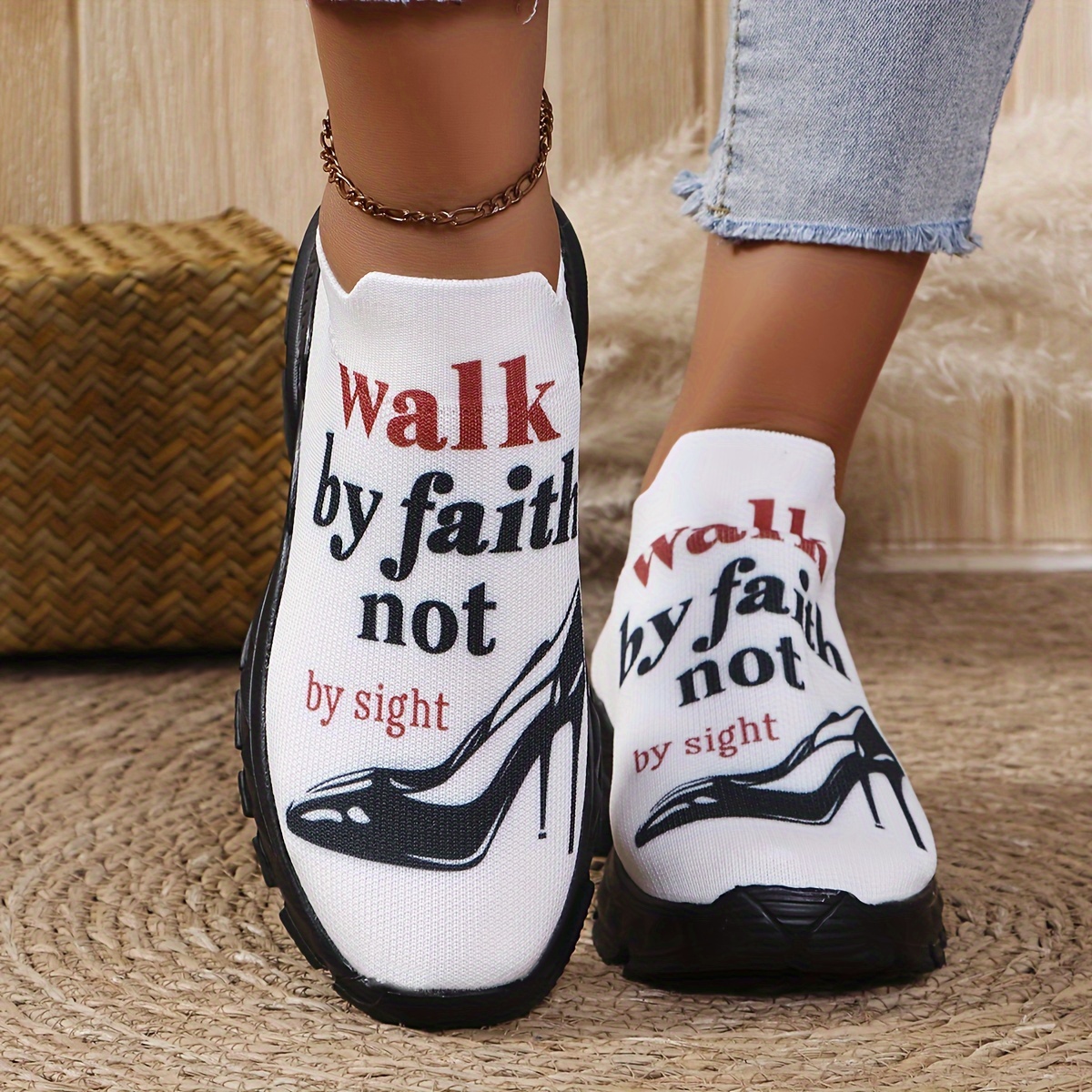 TEMU Women's Breathable Fabric Slip-on Sneakers - Casual Low Top Eva Shoes With Inspirational 'walk Not By Sight' Print, Machine Washable, Footwear - European & North America