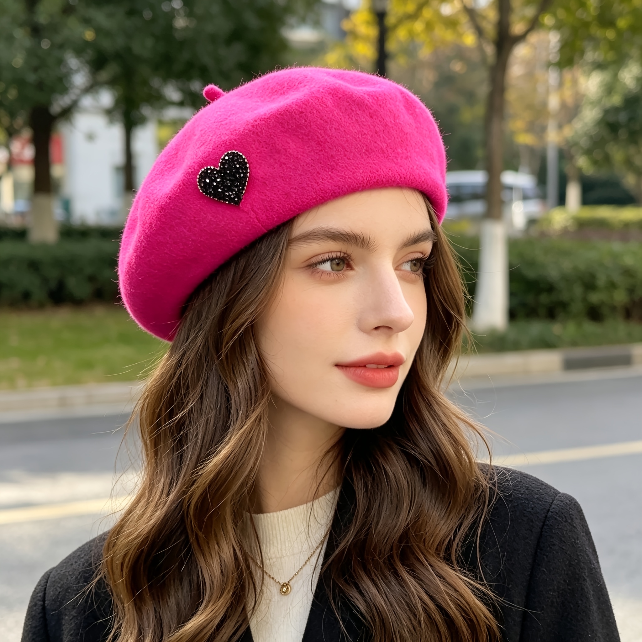 TEMU A Stylish And Versatile Beret Hat With A Heart- And Random Quantities Of Rhinestones