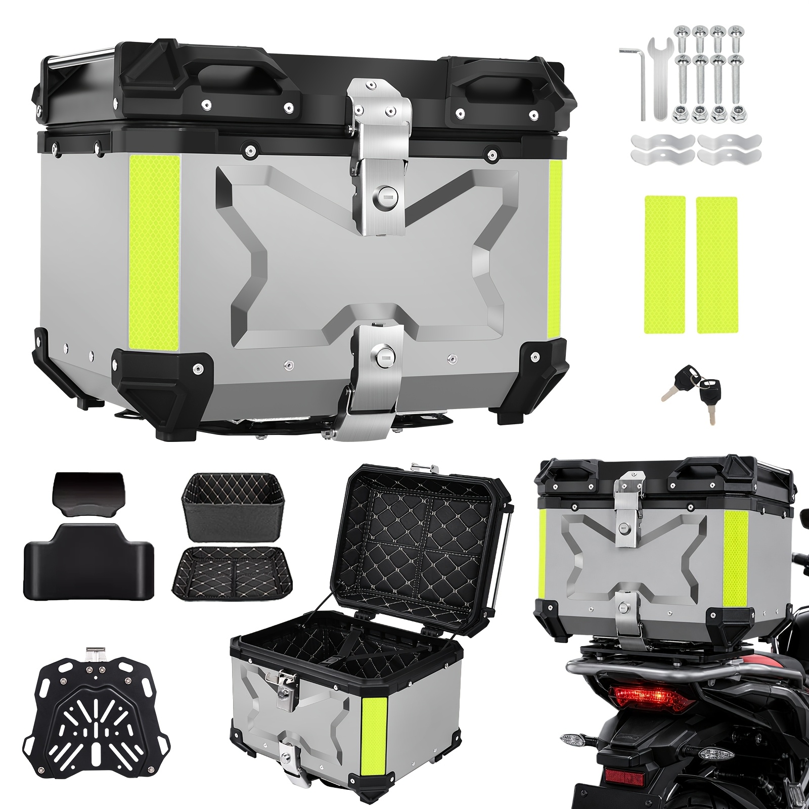 Image of 45l Aluminum Alloy Motorcycle Top Case, Waterproof Dustproof Motorbike Rear Storage Box With Lock, Backrest & Mounting Hardware, Hard Luggage Trunk For Helmet, Long Distance Touring