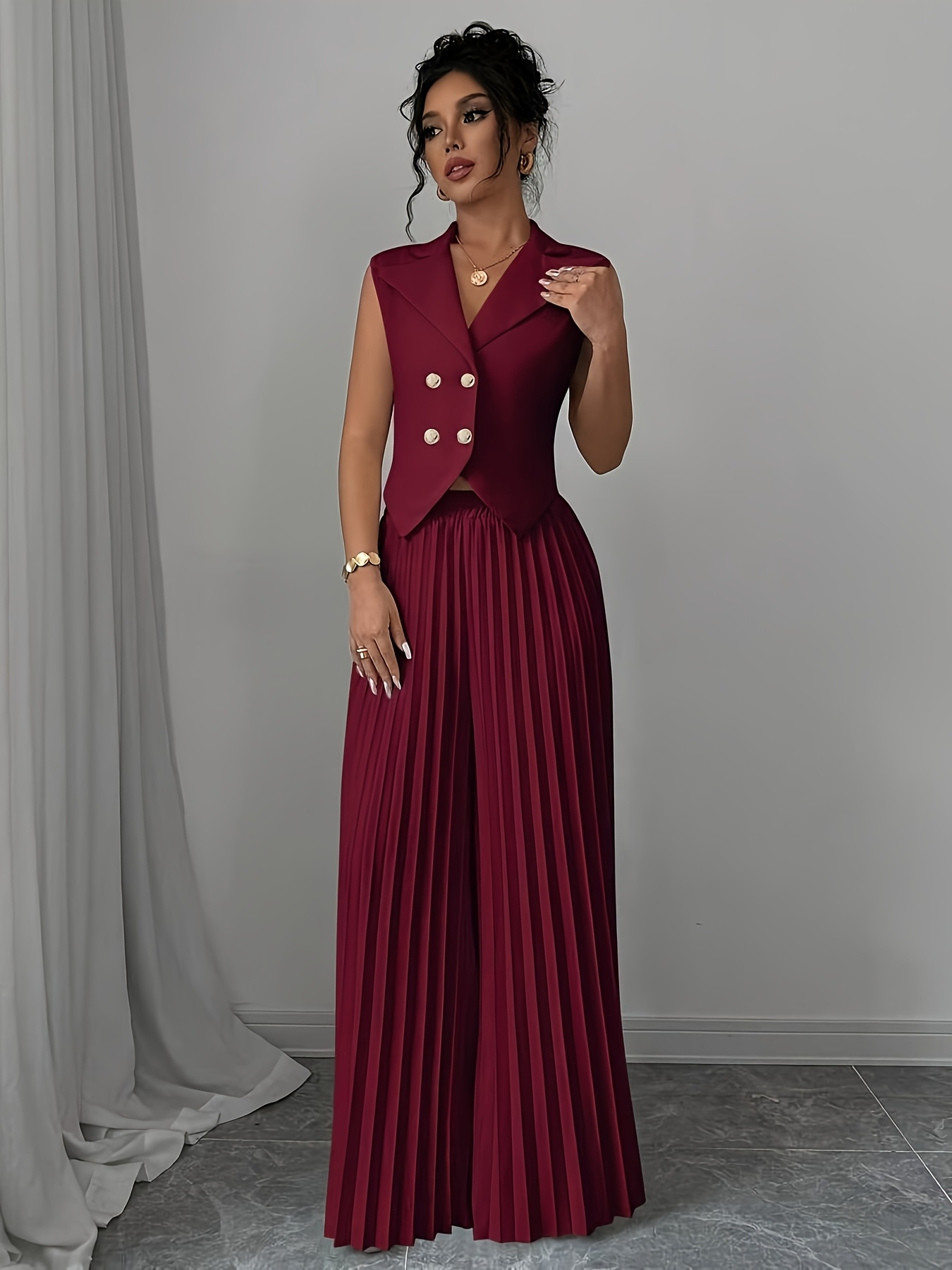 Women's Solid Color Suit with Sleeveless Vest, Double-breasted Pleated Pants with Elastic Waistband, High-end and Elegant Style