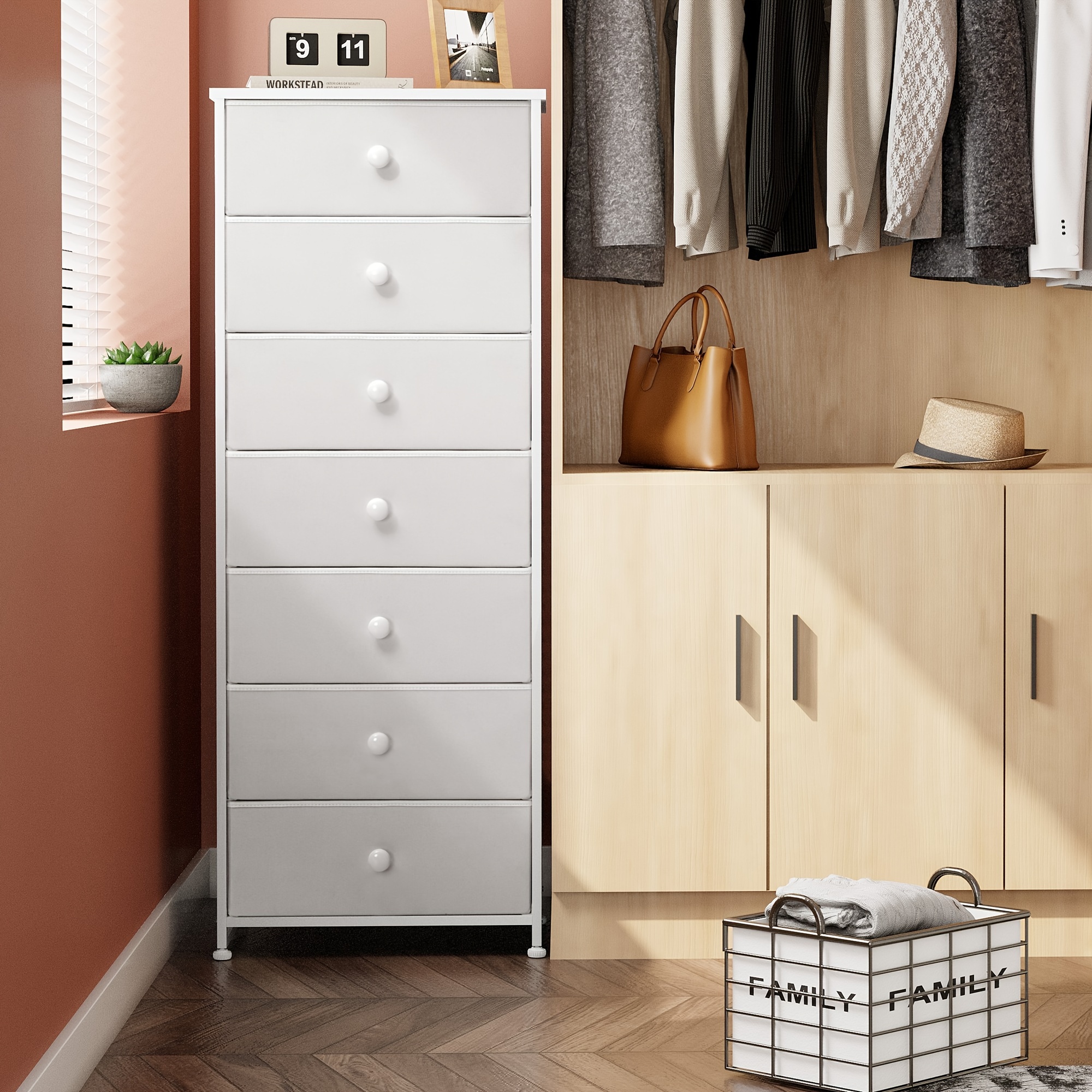 

Tall Dresser, 7-drawer Fabirc Storage Tower, Chests Of Drawers - Vertical Organizer Unit For Bedroom, Hallway, Entryway, Nursery, Closets - , Wood Top & Handles