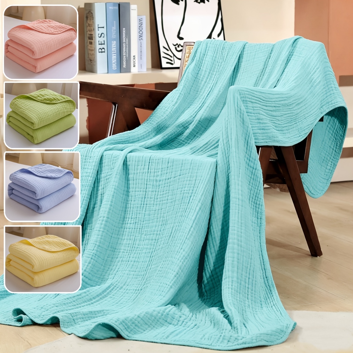 large 60s   muslin quilt throw blanket 60s diagonal weave breathable lightweight   soft blanket for hot sleepers   couch bed pre washed machine washable in blue