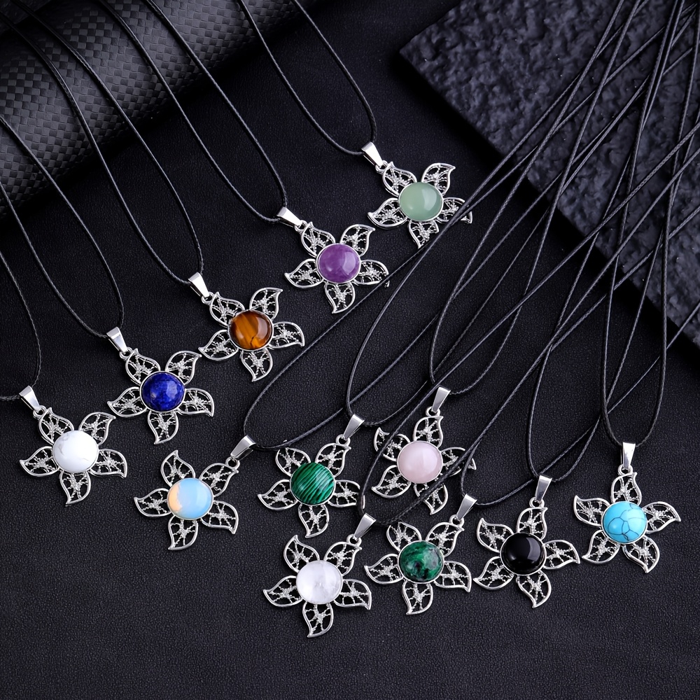 Set of 4 Natural Stone Five-Petal Flower Pendants