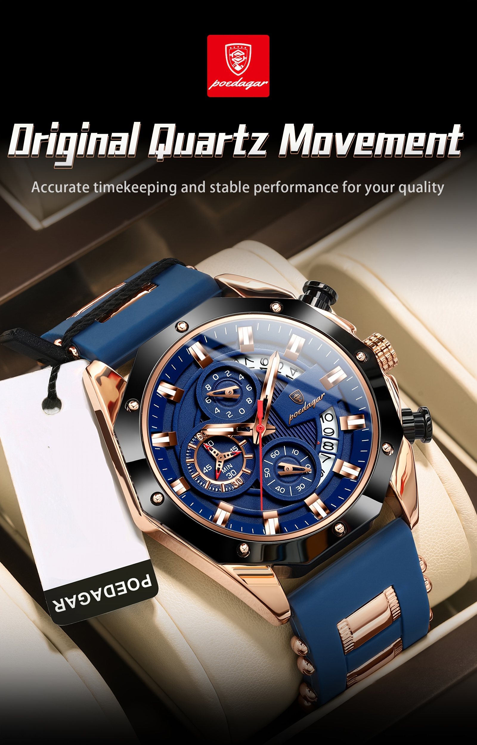 mens stylish blue   watch with date display waterproof nightlight silicone strap elegant business watch for teenagers and adults casual accessory stylish watch silicone strap watch details 4