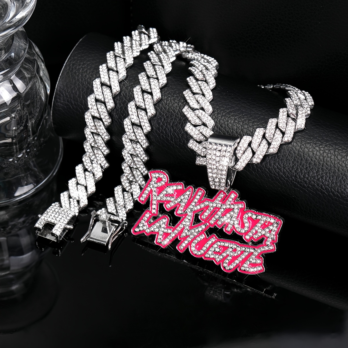 

Trendy Double Row Letter Design Alloy Pendant Chain Necklace Exaggerated Letter Pendant Full Of Rhinestones For Men And Women