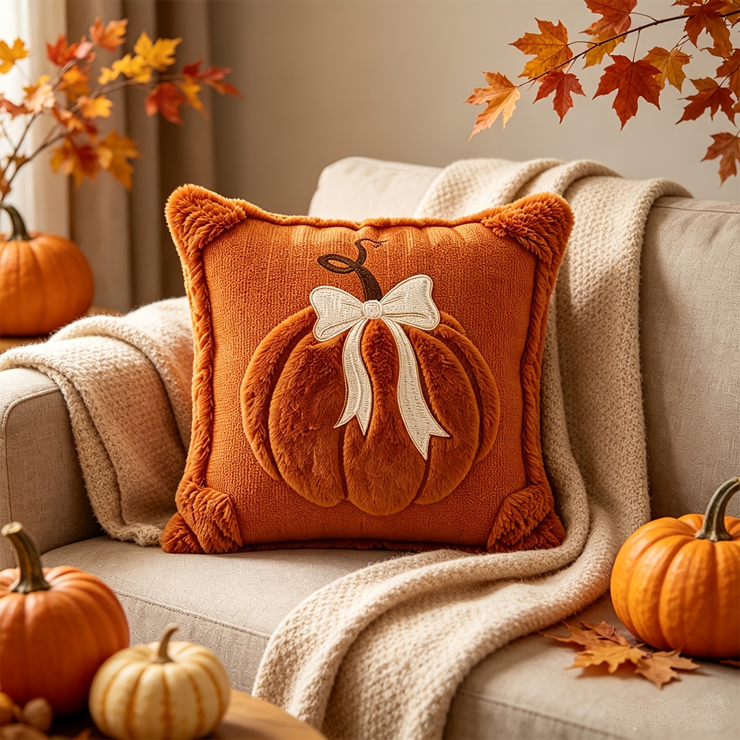 TEMU 1pc Plush Enormous Pumpkin Bow Pillowcase 18x18 Inches, Pumpkin Bow Decorated Pillowcase, Soft And Comfortable, Suitable For Thanksgiving,