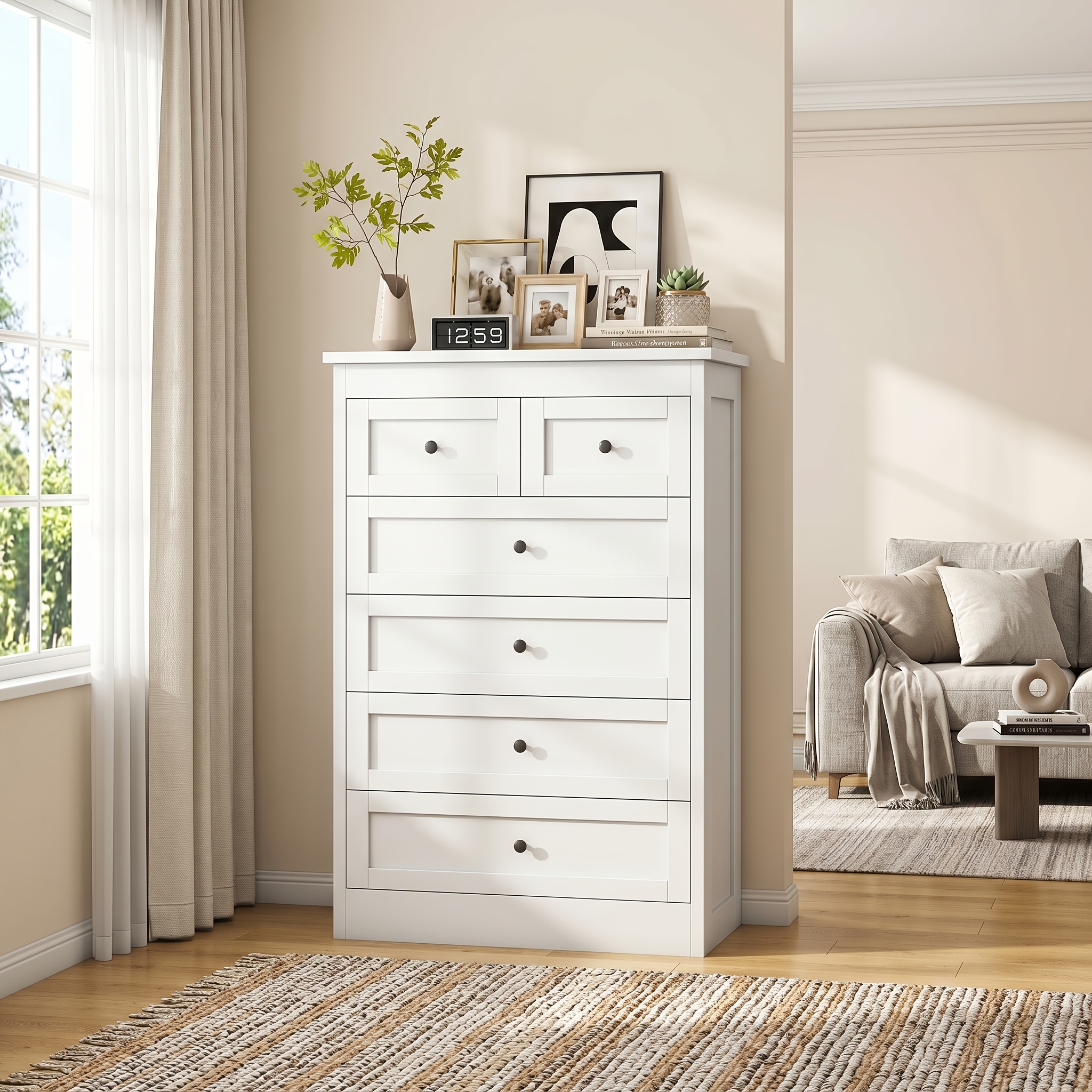TEMU 6 Drawer White Dresser, Tall White Dresser With Large Storage Space, Modern Wood Storage Chest Of Drawers, For Living Room, Hallway, Entryway
