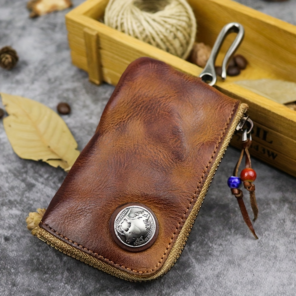E-shop Handgefertigte Echtleder-Geldbörse für Herren aus Rindsleder - Großes Fassungsvermögen, Vintage Schlüsselhalter mit Gürtelschlaufe,