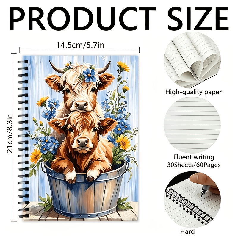 TEMU Highland Cow Flower Notebook, Notebook, 60 Blank Pages With 30 Inner Pages, Record Book, Ideal Gift For To School And Christmas
