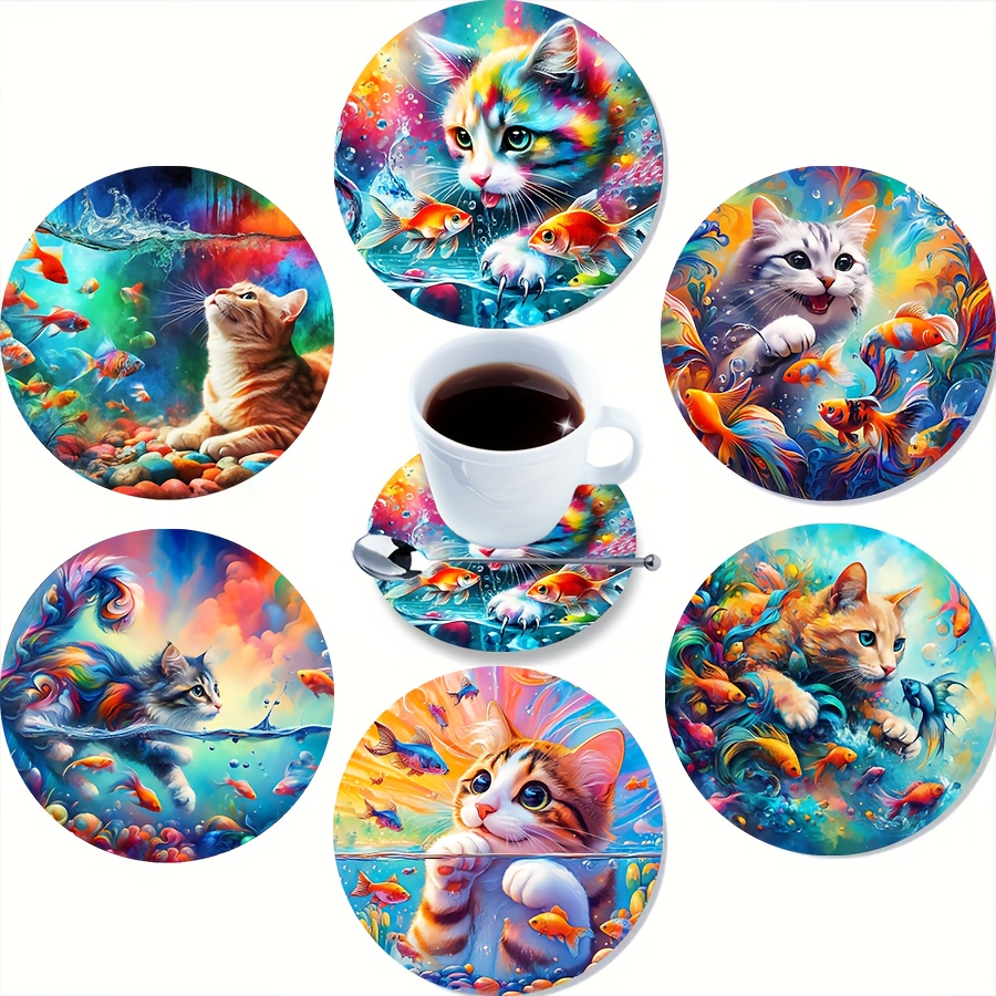 

6pcs Colorful Painted Wooden Coasters, Abstract Art Kitty Catching Fish Design, Non-slip Heat-resistant Mats, Home Kitchen Supplies, Decorative Cup Accessories Set For Home Decor