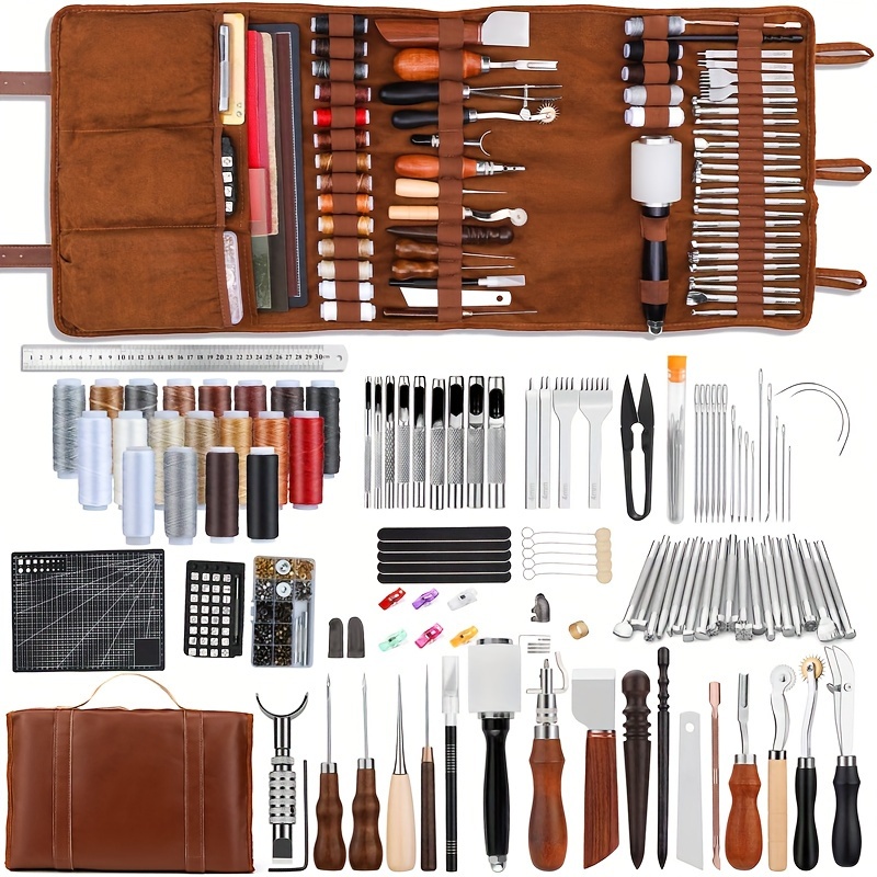 

Professional Leather Craft Tools Kit - Metal Material, Complete Leather Working Set With Engraving, Punching, Sewing, Stamping & Sanding Tools, Including Custom Handbag & Cutting Mats