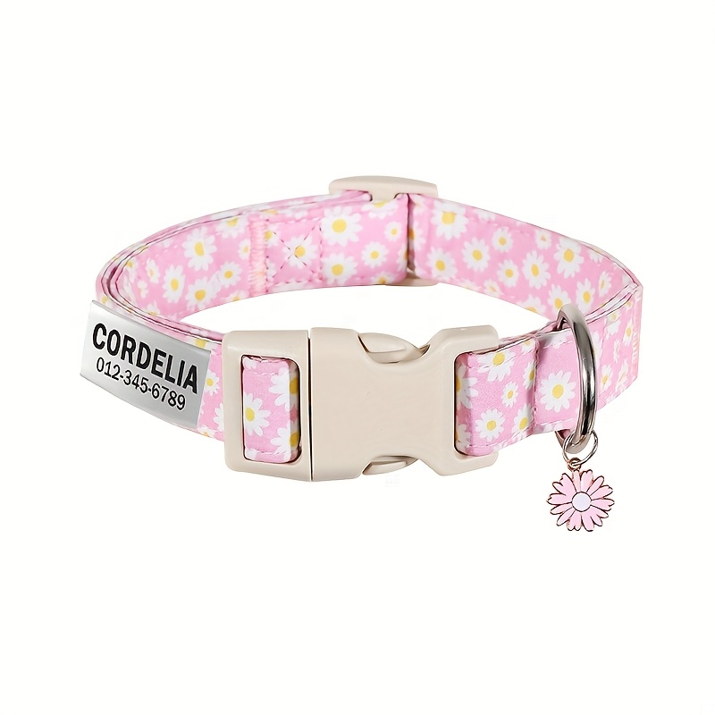 TEMU [customized] 1pc Personalized Daisy Pattern Adjustable Dog Collar With Personalized Id Name And Contact Information Cat Collar, Anti-lost,