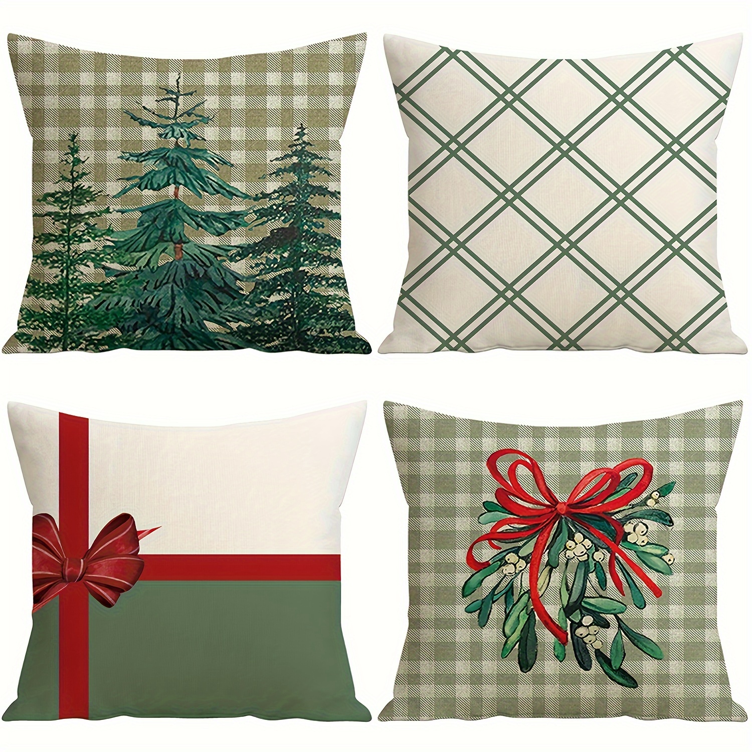 

Contemporary Christmas Throw Pillow Covers Set Of 4 Green Plaid And Tree Patterns, Machine Washable Linen Blend Cushion Cases With Zipper Closure For Home Decor – 18x18 Inches