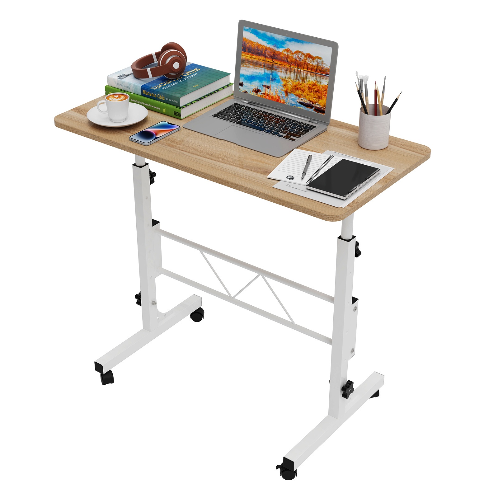 TEMU Tablette pour ordinateur portable 80X40Cm avec roulettes, Tablette pour ordinateur portable hauteur réglable 69-110Cm, Table d'ordinateur Table