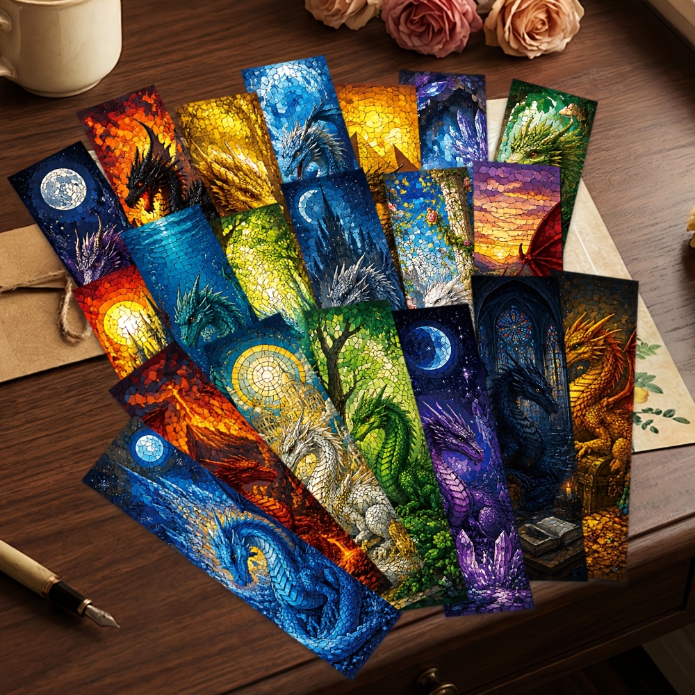 TEMU 20pcs Iridescent Dragon Starry Sky Art Illustration Exquisite Bookmark Set 5.9 X 1.57 Inches Fashionable Trendy Niche Bookmarks Teacher Book