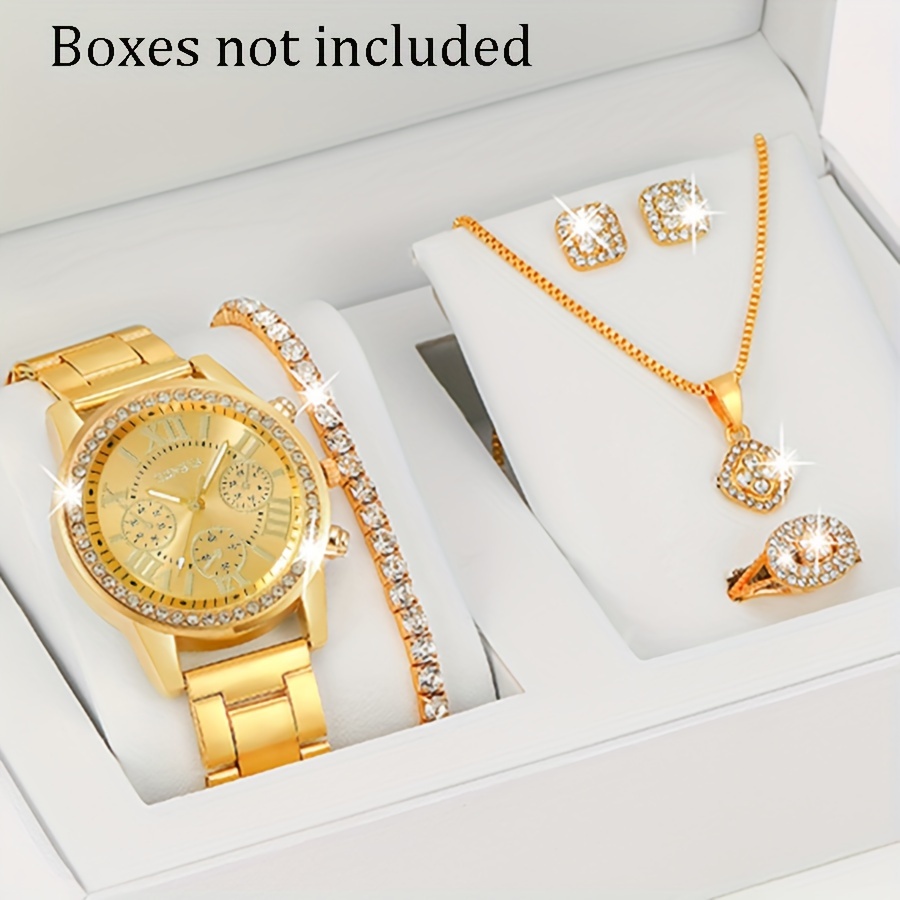 

6pcs Stylish Women's Quartz Watch Stainless Steel Quartz Watch With Bracelet Necklace Set Gifts For Eid