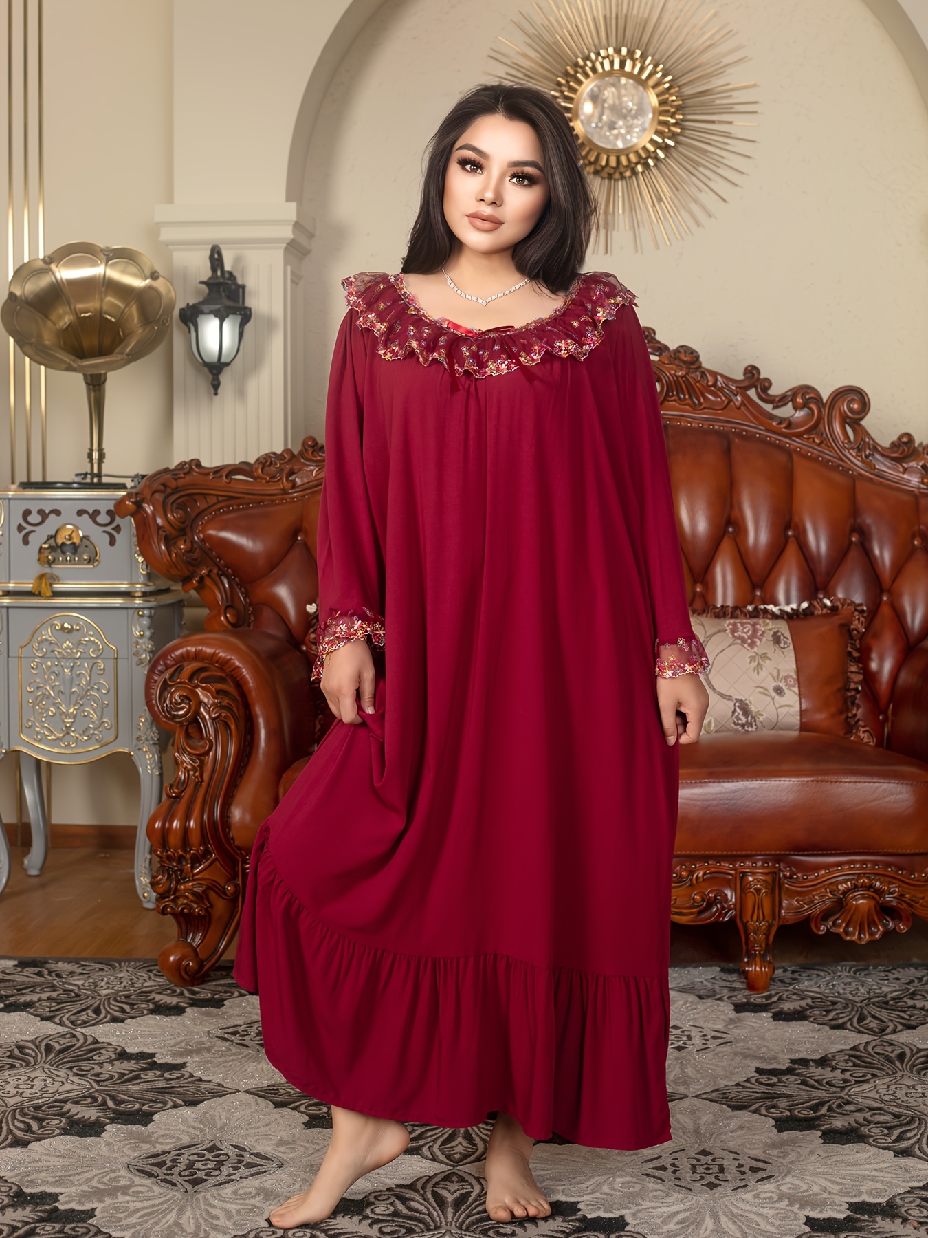 Plus Size Women's * Nightgown - Sleeve Lace Trim & Round Neck Sleep Dress,  Machine Washable Non-See-Through * * for * & Relaxation, Ladies Sleepwear  *able Loungewear * Style Gown, Nontransparent ...