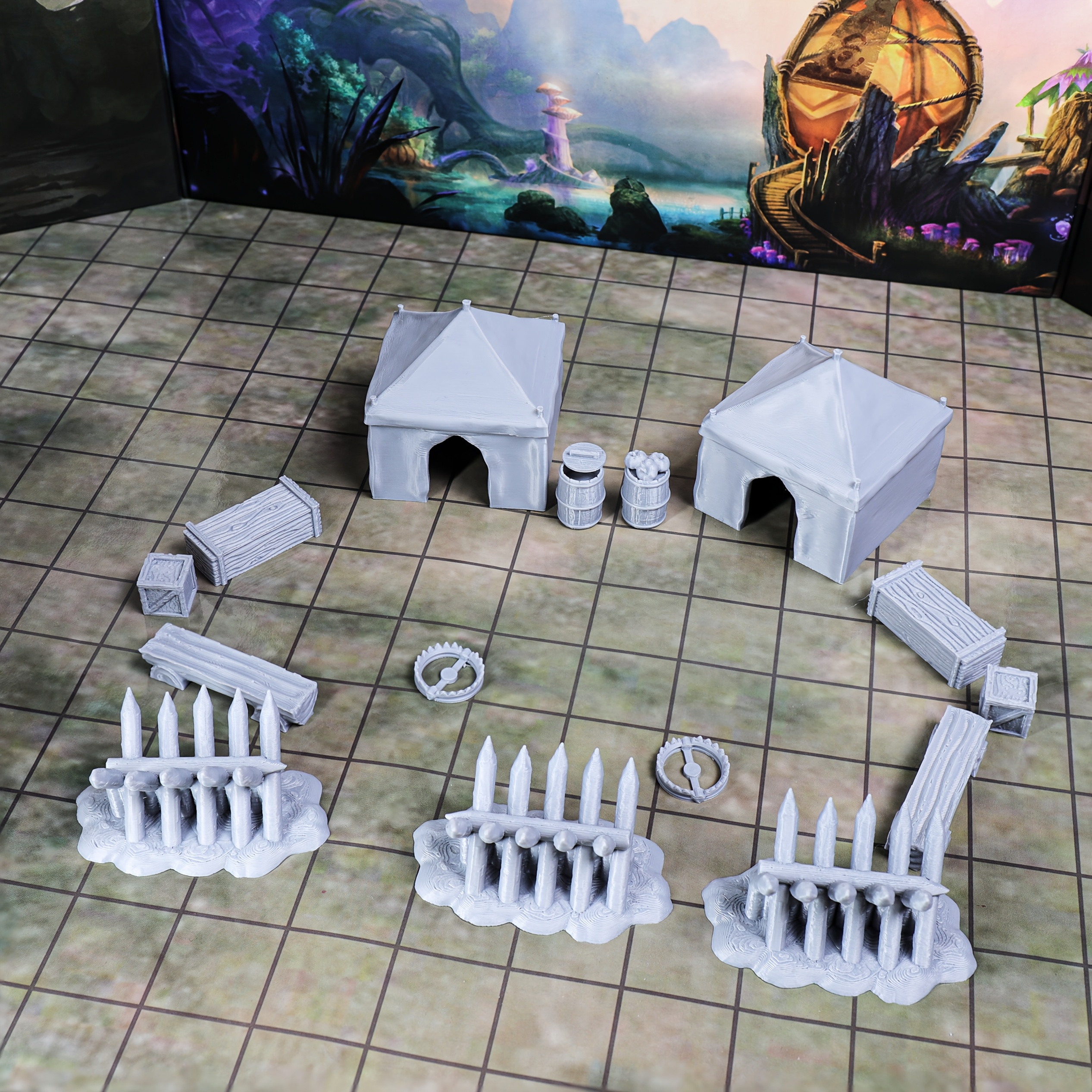 

D&d Set - 28mm Grey Plastic Rpg Tabletop Accessories With Tents, Barrels, And Guard Figures - Ideal Gift For Enthusiasts