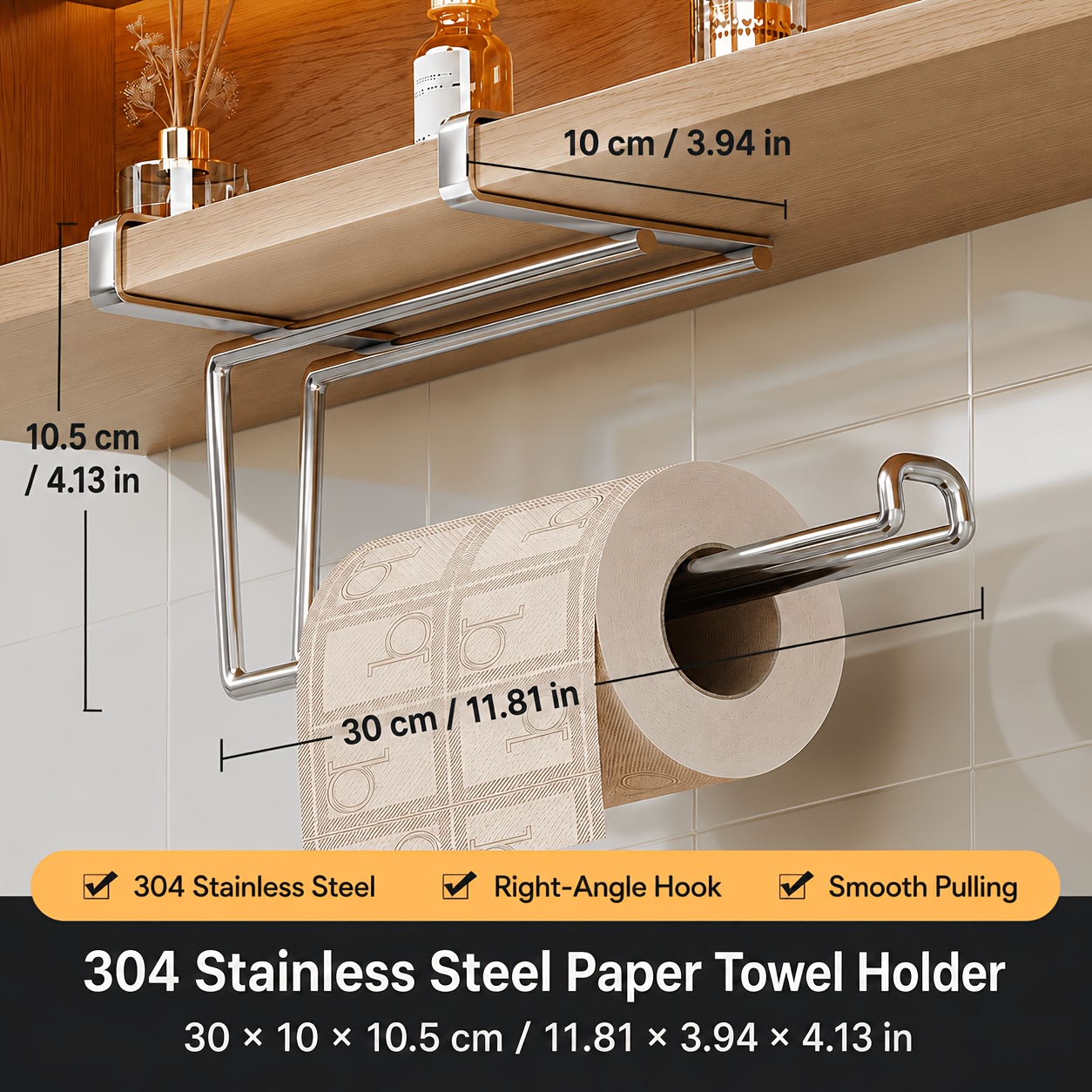 TEMU 1pc 304 Stainless Steel Over-cabinet Paper Towel Holder, No-drill Under-shelf Roll Dispenser With Extended Bar, Space-saving Organizer For