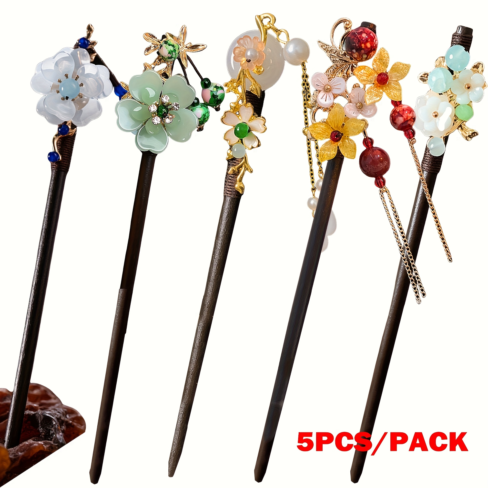 TEMU 5pcs Handmade Wooden Flower Decorated Tassel Hairpins, Elegant Traditional Cheongsam Hair Accessories For Women, Christmas Gifts, Holiday Gifts, In Multiple Colors