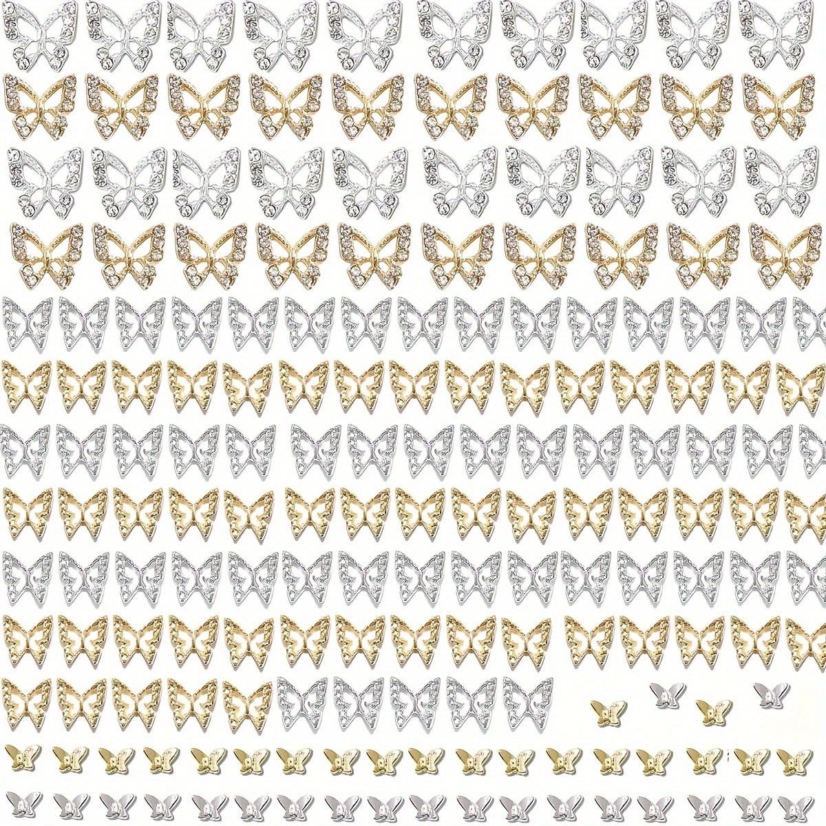 

180pcs 3d Butterfly Nail Charms, Golden Silver Butterfly Charms For Acrylic Nails, 8 Butterflies Nail Rhinestones Gems Charms +50 Alloy Studs, Nail Art Crystals Diamonds Decor Supplies For Nails Diy