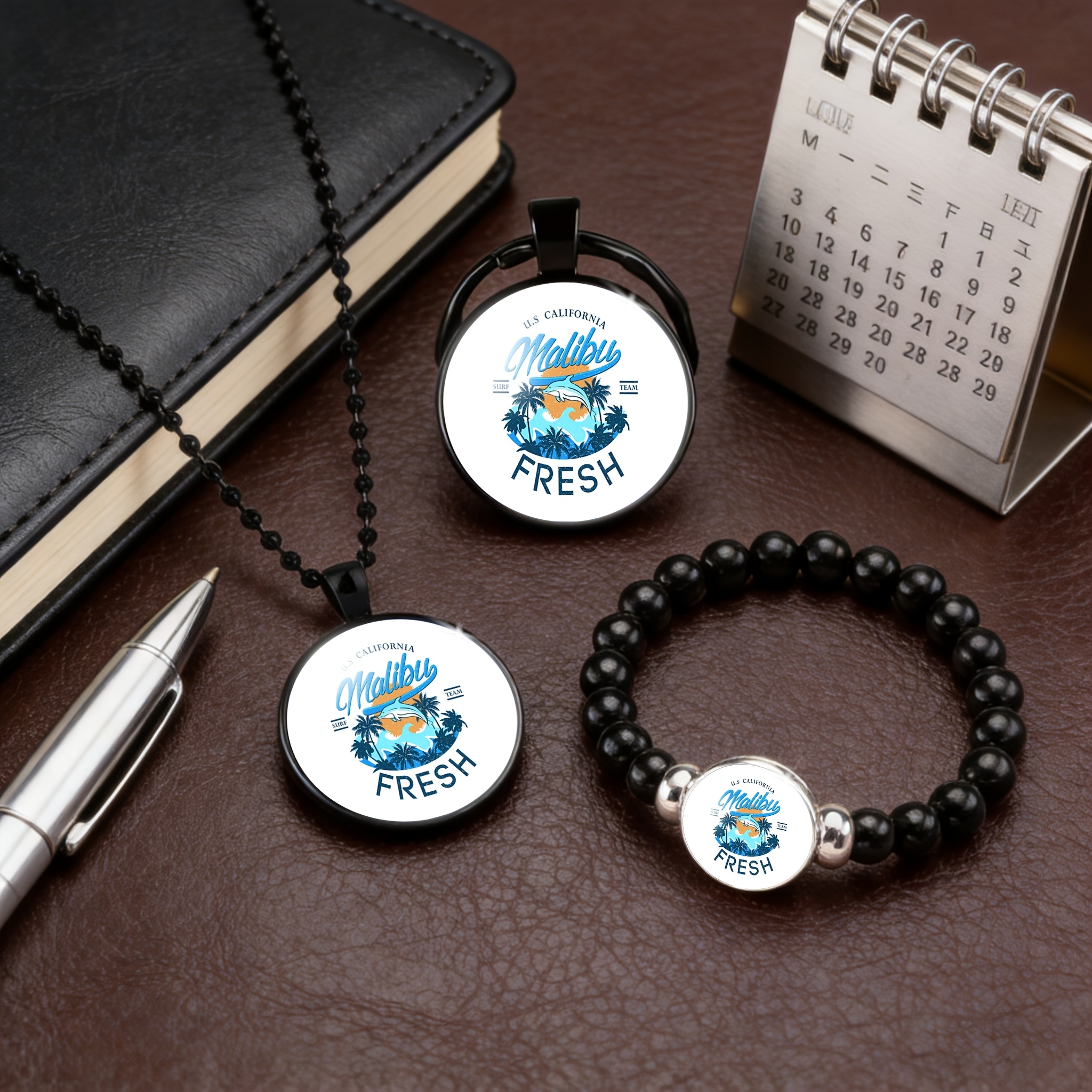 3pcs Round Glass Inlaid Pattern Jewelry Set, Necklace, Bracelet, Keychain