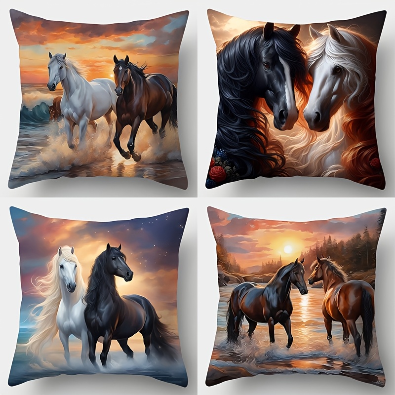 Image of 4pcs Pillowcases, Sunset 2 Horses Decorative Pattern, 17.7x17.7 Inches, Single-sided Printing, Zipper Closure, Hand Wash, Polyester, Suitable For Living Room Sofa Home Decoration (pillowcases Only)