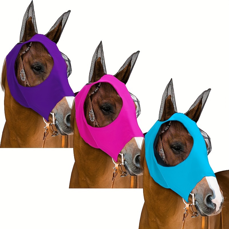 

3pcs Horse Fly Masks With Ears, Uv Protection, Smooth And Elastic Fit In Purple, Blue, Pink - Medium Size For Equine Comfort And Insect Shield