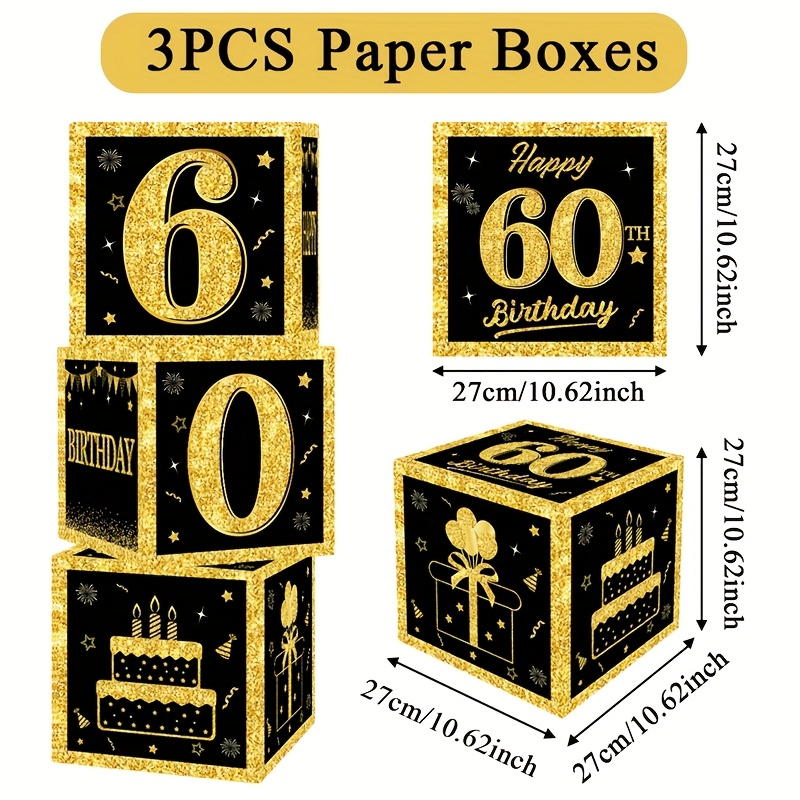 TEMU Gift For Her/him Set Of 3, Black And Golden 60th Birthday Gift Box, 27cm Square Paper Box, Decorations For 60th Birthday, Supplies For Adult