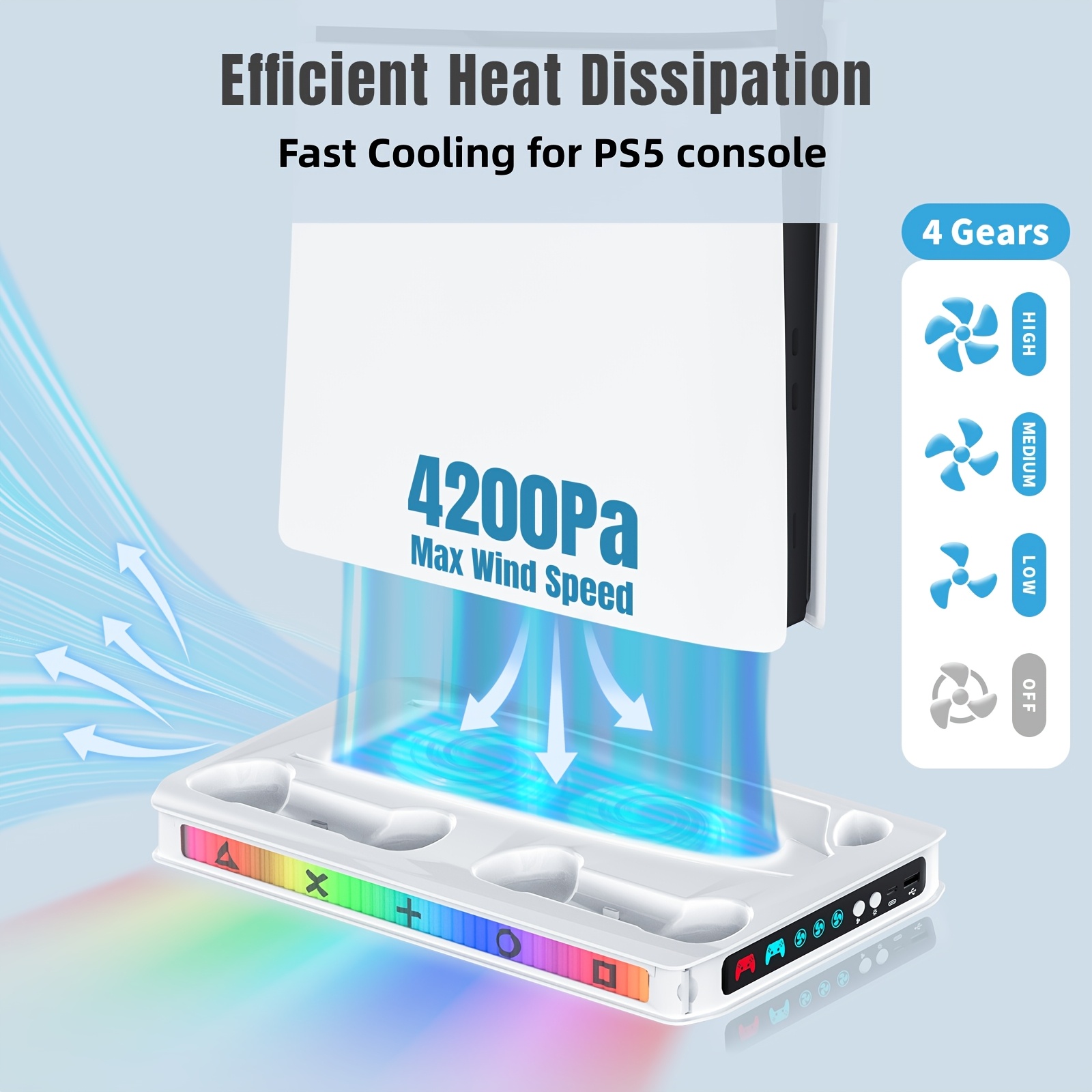 TEMU Support de refroidissement et de charge pour PS5, compatible PS5/Slim/Pro, prend en charge les jeux sur disque et numériques, avec emplacements