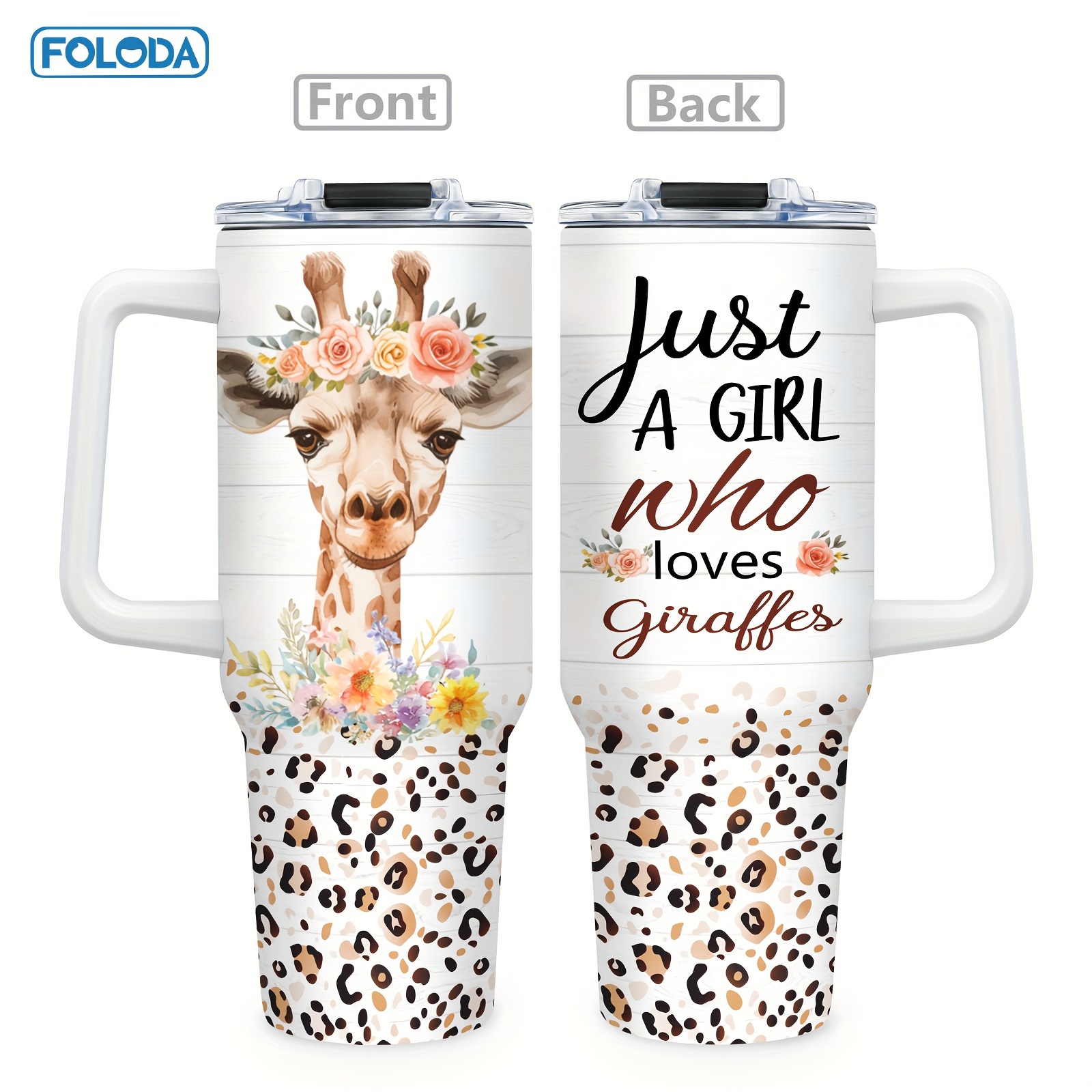 

[] Foloda 40oz Stainless Steel With Handle, Straw & Lid - " Who Giraffes" Design, Animal Print & Floral Patterns - Ideal Gift For Women, Giraffe Enthusiasts - Christmas, Valentine's, Day