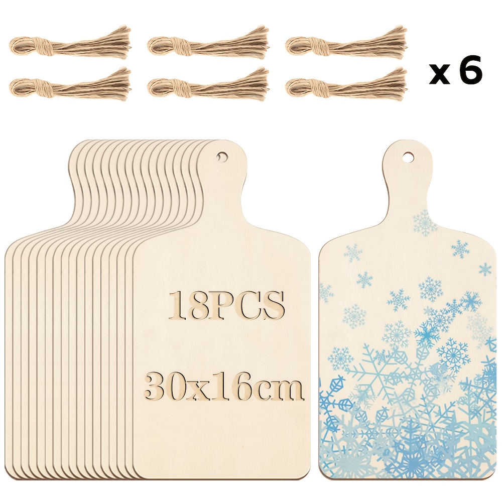 18pcs Unfinished Wooden Blank Board With Hemp Rope, 30 X 16cm Rectangle Wood Cutting Boards For Diy Crafts, Christmas Winter Snowflake Decorations, Hanging Ornaments For Kitchen Decor