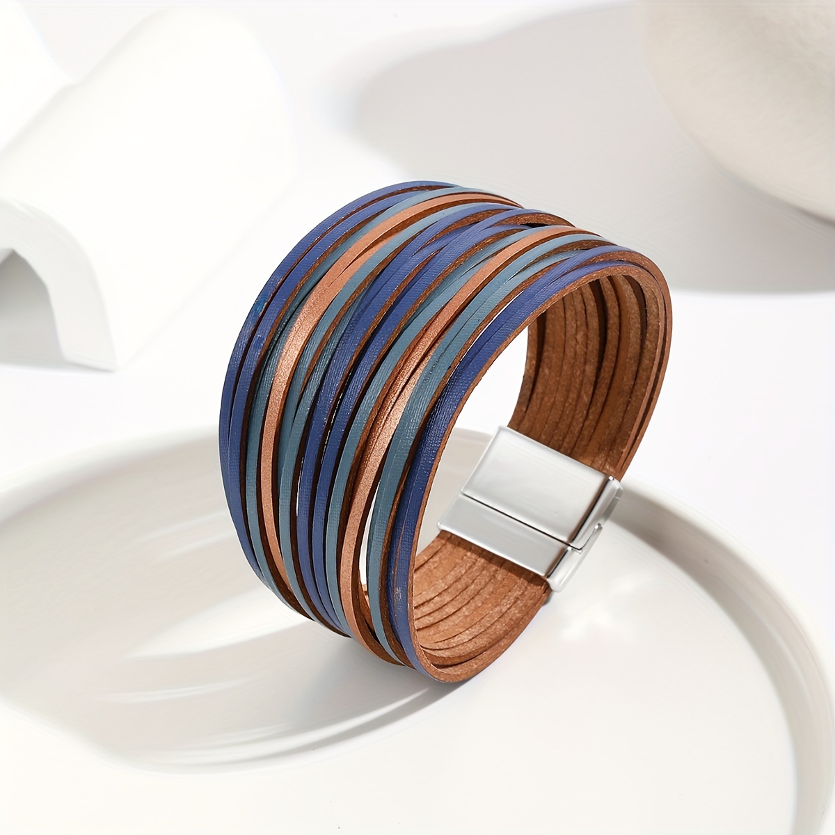 TEMU 1pc Bracelet bohème multi- dégradé en PU avec fermeture magnétique, bracelet large rétro multicolore enveloppé à bord large