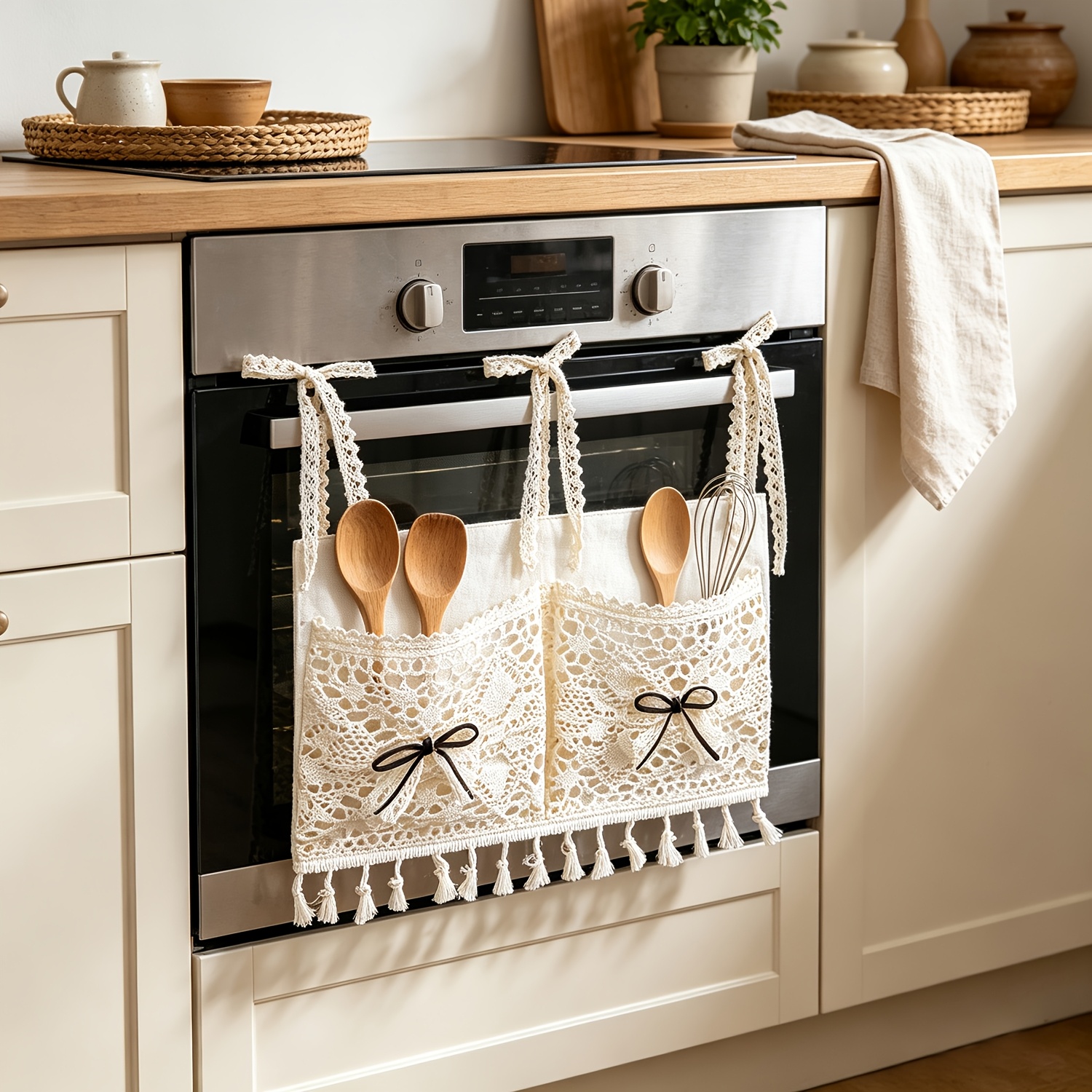 TEMU 1pc Boho Tassel Crochet Lace Cabinet Door Organizer With Bow Decor, Oven Curtain With Storage Pockets, Suitable For Kitchen, Dining Room,
