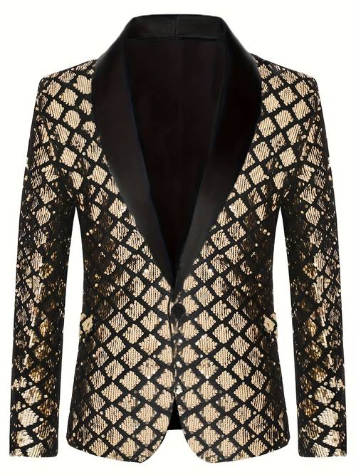 Men -Embellished Geometric Pattern Suit Jacket - Black V-Neck Long Sleeve with Lapel Collar for Nightclub, Party & Formal Events