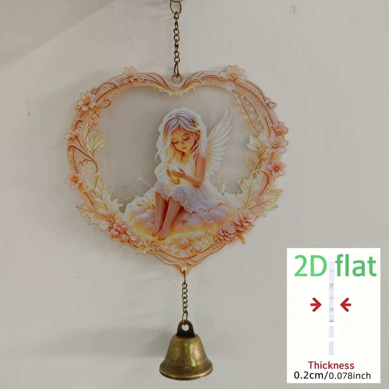 Image of Luminous Wind Chime With Heart-shaped Wreath & Bell - Glowing On Clouds, Frame, Transparent Wings Suitable For, Balcony, Door Decor, Christmas Gifts, Plastic Hanging Ornament For /outdoor Decoration