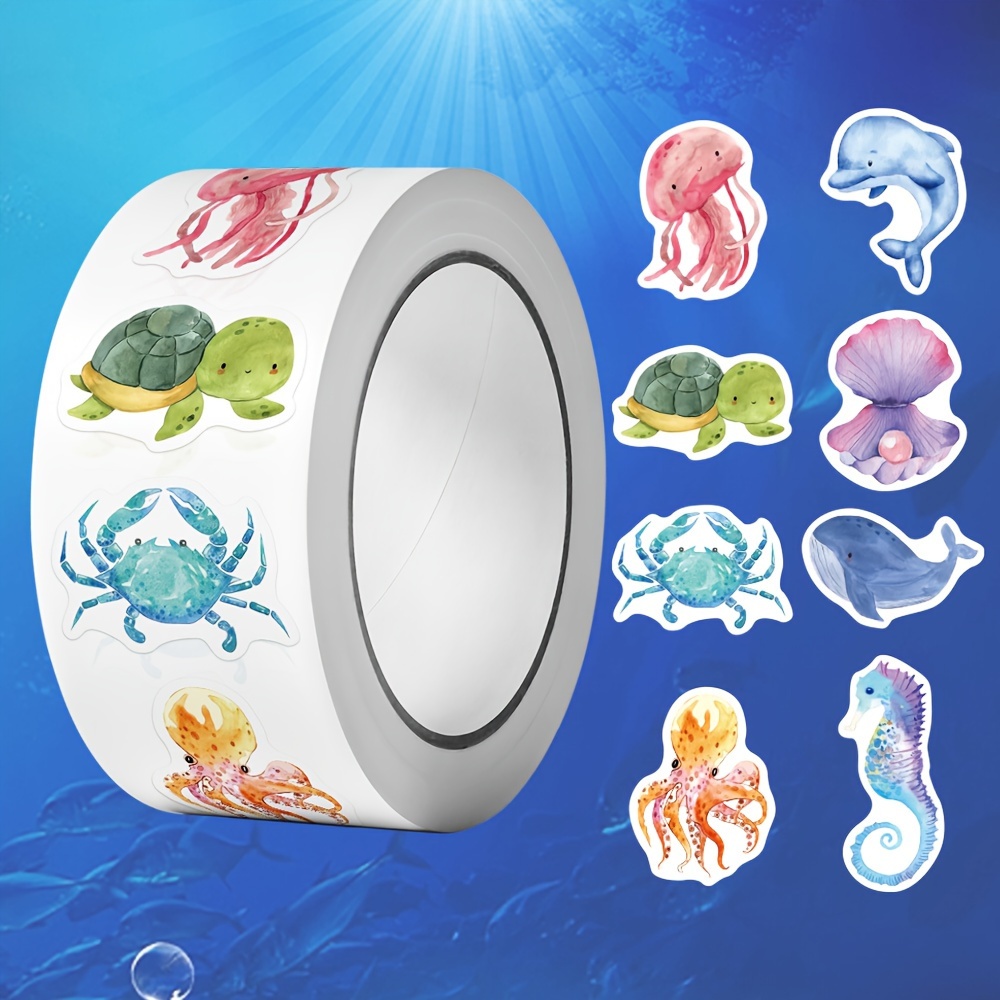 

500pcs Ocean Themed Stickers Roll - Paper Gift Tag Decals For Wrapping, Sea Includes Fish, Crab, Jellyfish, Turtle For Laptops, Phone Cases, Skateboards, Diy Crafts & Party Favors