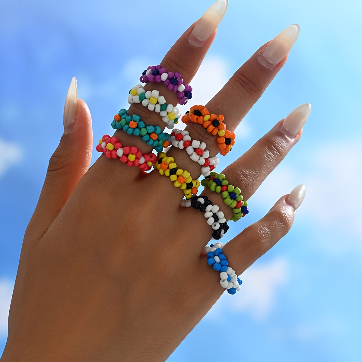 Image of 10pcs Boho Chic Mixed Color Beaded Ring Set - Vintage Daisy & Floral Designs With Elastic Stretch, Perfect For Casual Attire