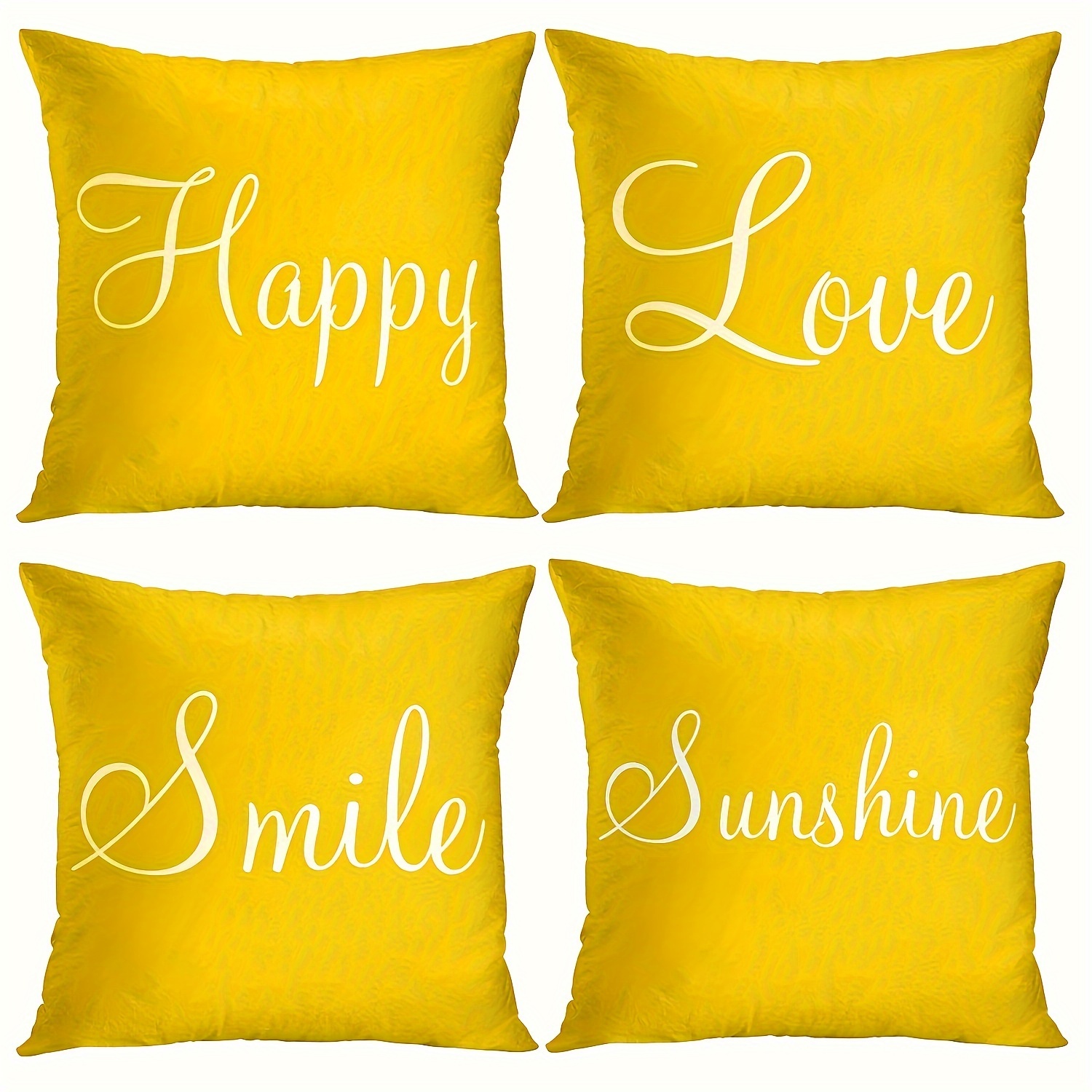 

French -piece Yellow Plush Throw Pillow Covers Set, 18x18 Inch, Machine Washable, Zipper Closure, Woven Polyester Decorative Cushion Cases For Room Types With Happy, Love, Smile, Sunshine Phrases