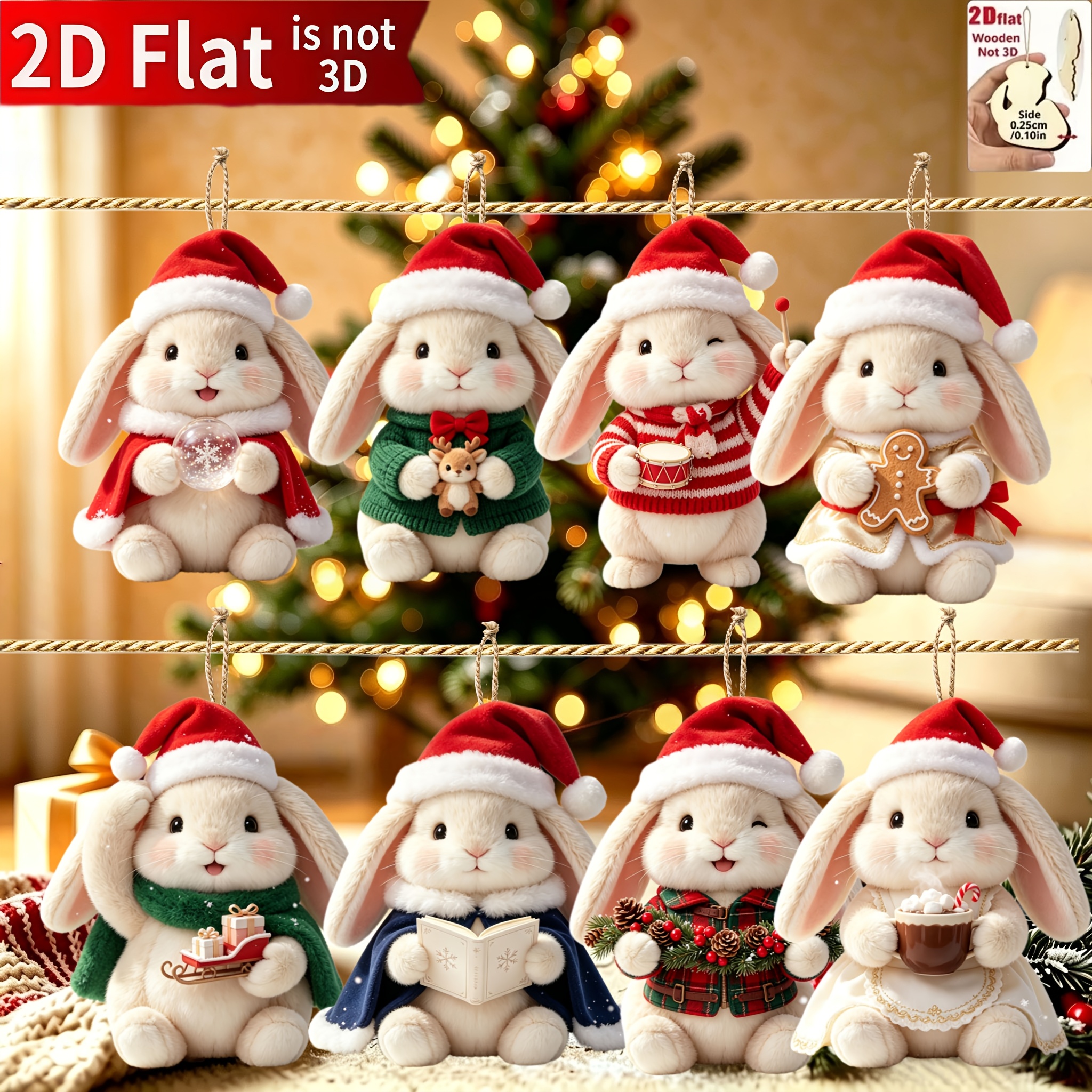 TEMU 2d Flat, 8pcs Cute Christmas Bunny Pattern, Christmas Tree Decorations, Wall-mounted Holiday Decor, Thanksgiving And Christmas Decor, Outdoor