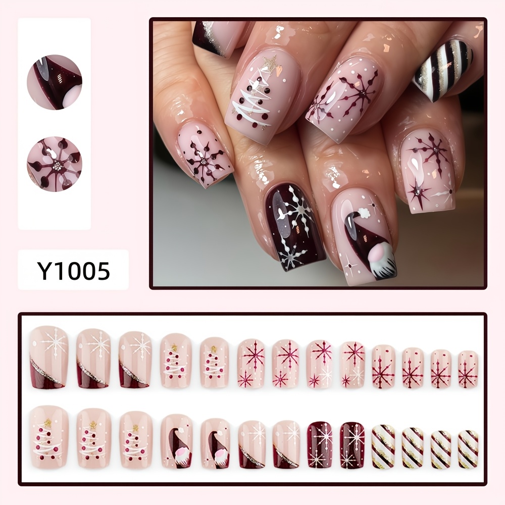 TEMU 24pcs Of Christmas-themed Nail Covers. Soft And Retro Christmas Nail Polish. Nude Powder Glitter Christmas Tree Snowflake Fairy Tale Nail Art.