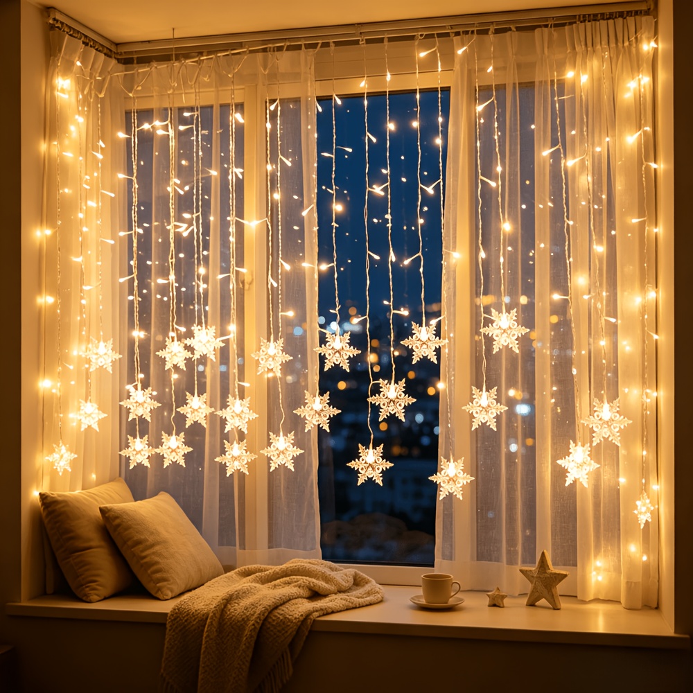 TEMU 4m (157.48 Inch) 96-led Snowflake Icicle Curtain String Lights, Star Multicolor Twinkle Christmas Fairy Lights, Festive Atmosphere Decoration
