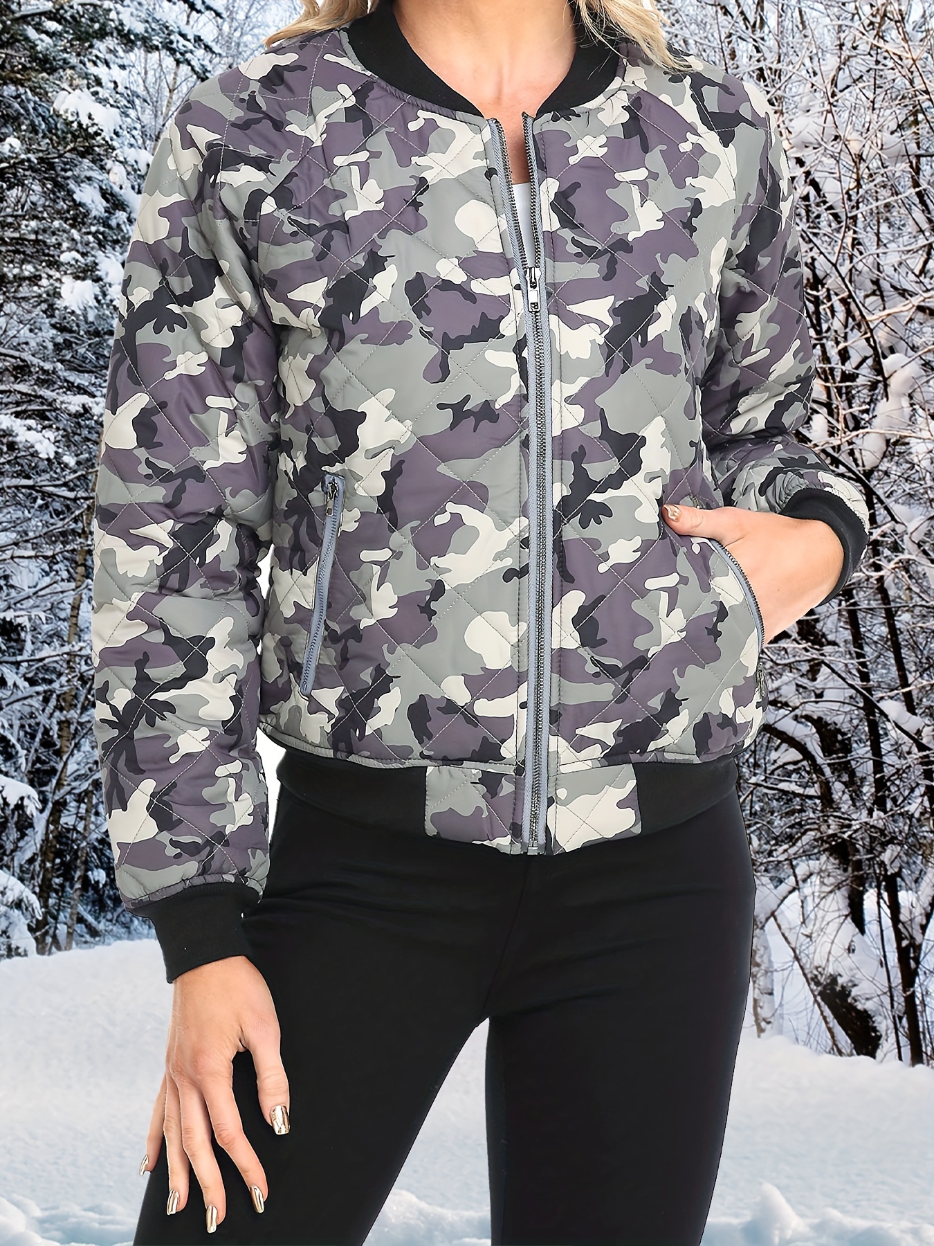 camo print long sleeve jacket casual zip front dual pockets Temu