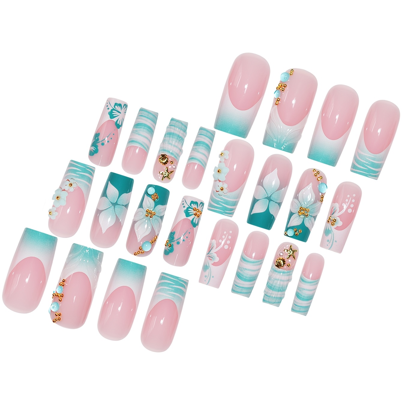TEMU A Set Of Press-on False Nails Featuring Elegant Teal Blue Floral Patterns, Stylish Artistic Stripes, Cute Starfish And Seashell Designs, And