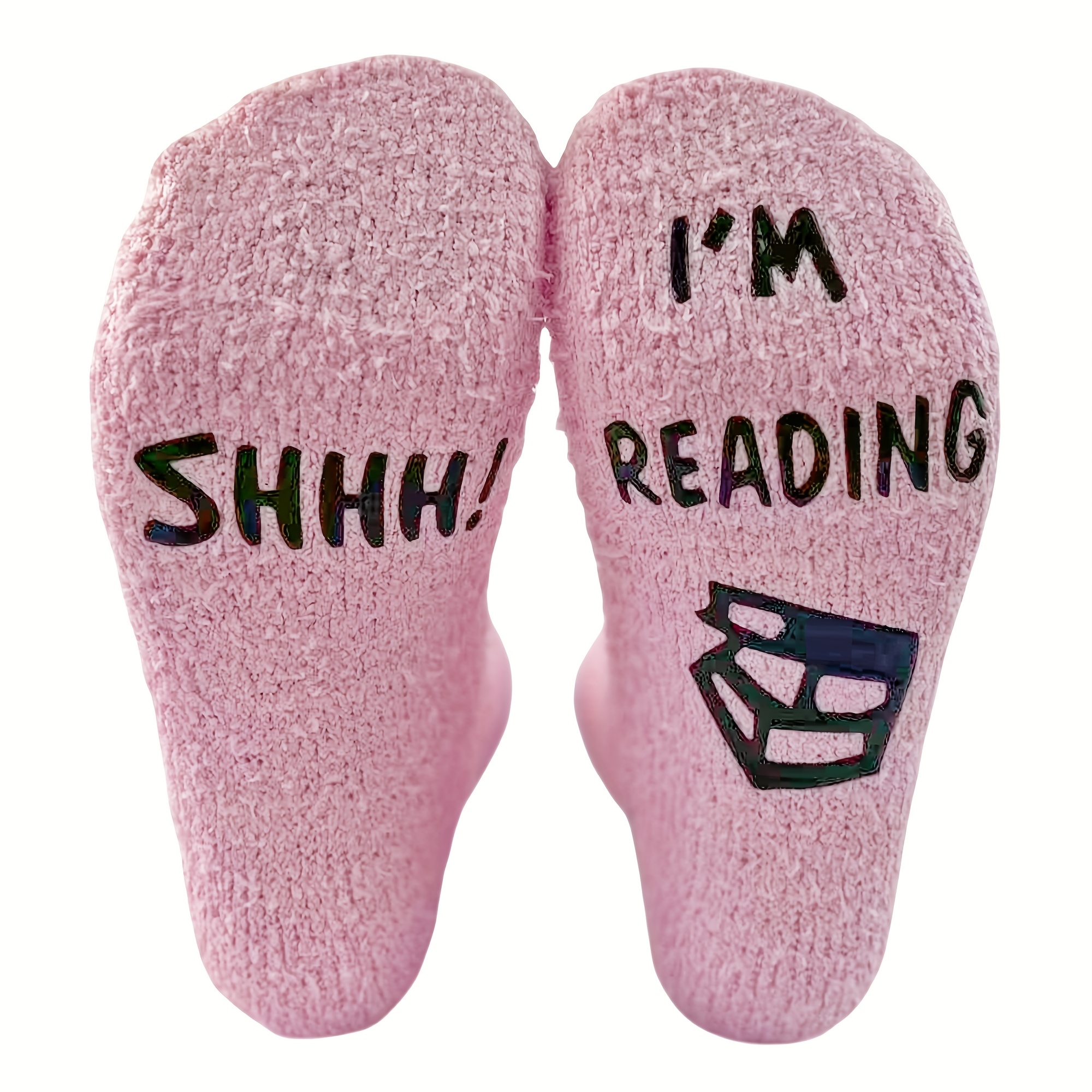 Image of Unisex Coral Fleece Mid-calf Non-slip Floor Socks | "shhh! I'm Reading" Design, Plush And Comfortable For Home Sleeping, Fabric