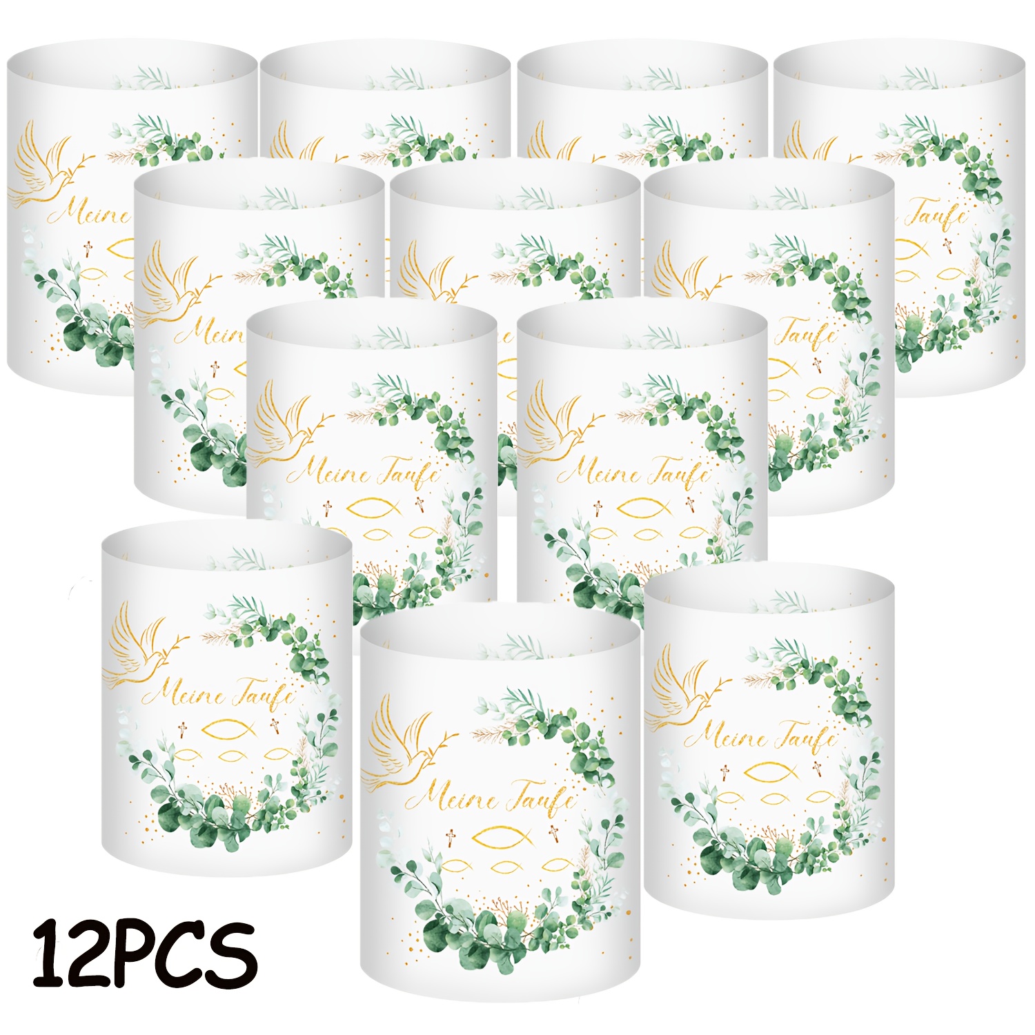 E-shop Set mit 12 Kerzenhaltern/Lampenschirmen für Taufe, Teelichthalter, mit -, grünem Eukalyptus- Fisch-Design. Geeignet für Tischdekoration, Taufe,