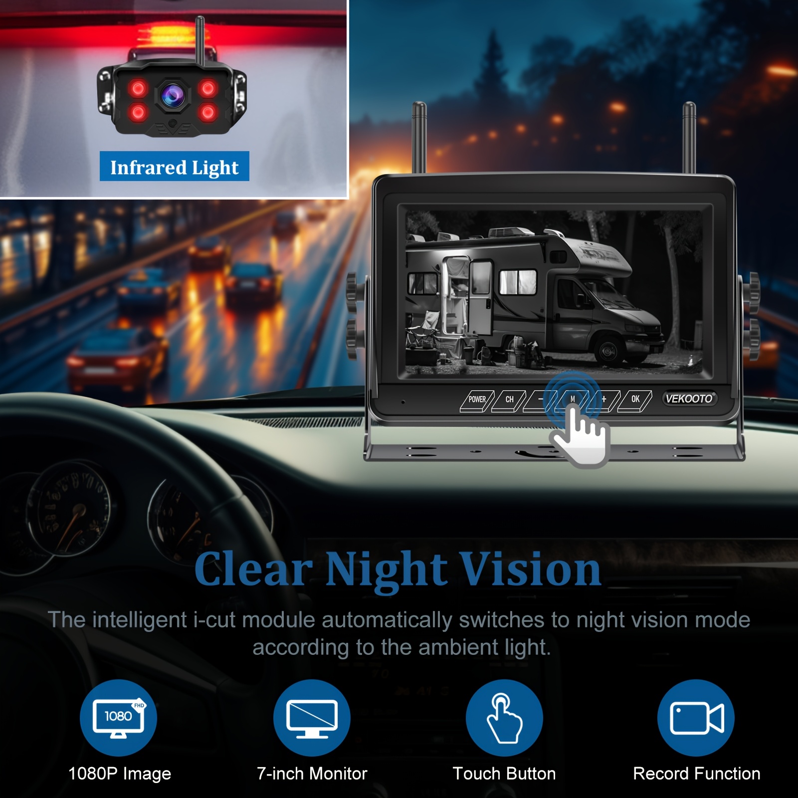   wf8 7 monitor with 1 2cam 1080p 7   monitor and rv backup camera wireless bsd system pre wired for   system recording   rear view camera clear night vision for trailer   truck Product details 12