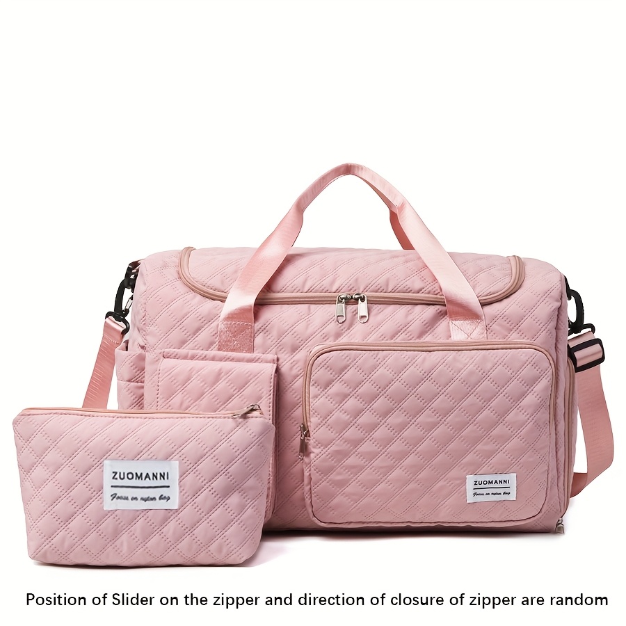 Image of 2pcs Large Capacity Argyle Pattern Travel Duffle Bag + Cosmetic Bag, Fashion Handbag With Shoes Compartment,portable Sports Gym Storage Bag, Weekender Overnight Bag