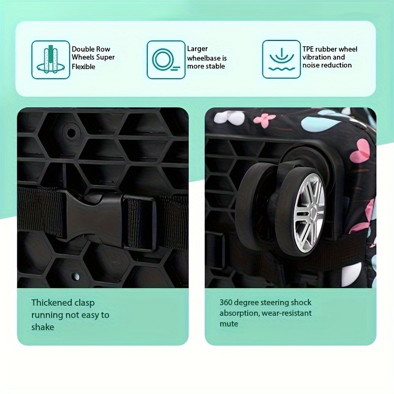 1pc Elegant Heart & Floral Pattern Foldable Shopping Cart with Telescopic Aluminum Handle – Portable 4-Wheel Rolling Grocery & Camping Cart, Black with Blue & Pink Hearts, Hand Wash Only, Travel Storage Cart | Elegant Pattern Design | Durable Fabric Cart