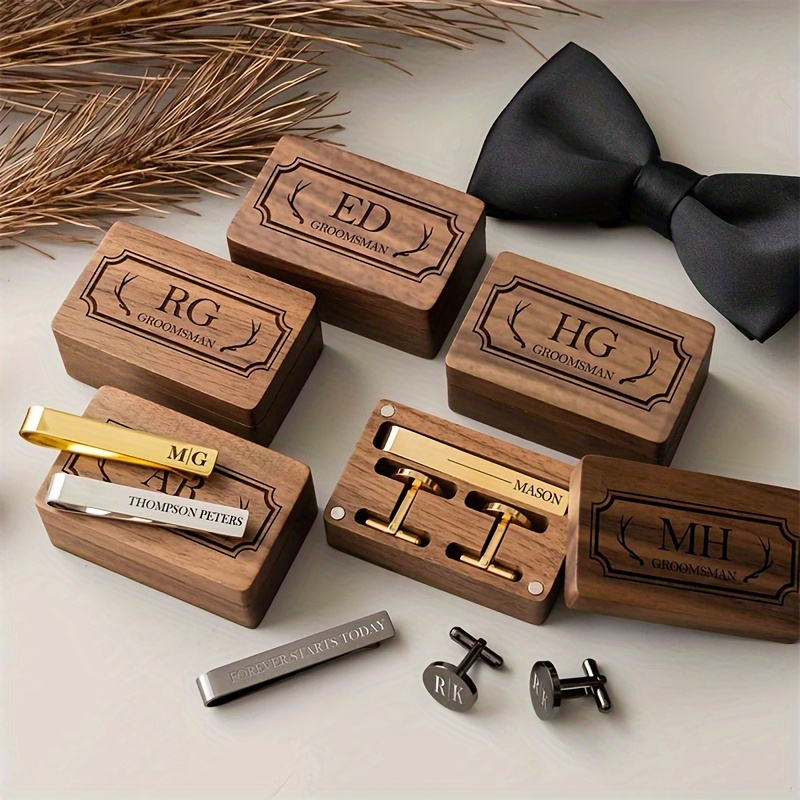 

Personalized Wooden Cufflinks And Tie Clip Gift Set, Custom Engraved Bridesmaid/ Box With Storage, Wedding Accessories, Ideal For Groomsmen And Wedding Favors